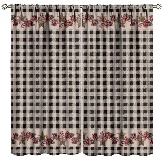 Nanacur Rustic Farmhouse Curtains, Vintage Country Black White Buffalo Plaid Pine Cone Berry Western Texas Print Window Treatments for Kitchen Bedroom Cafe, 42" W X 45" L