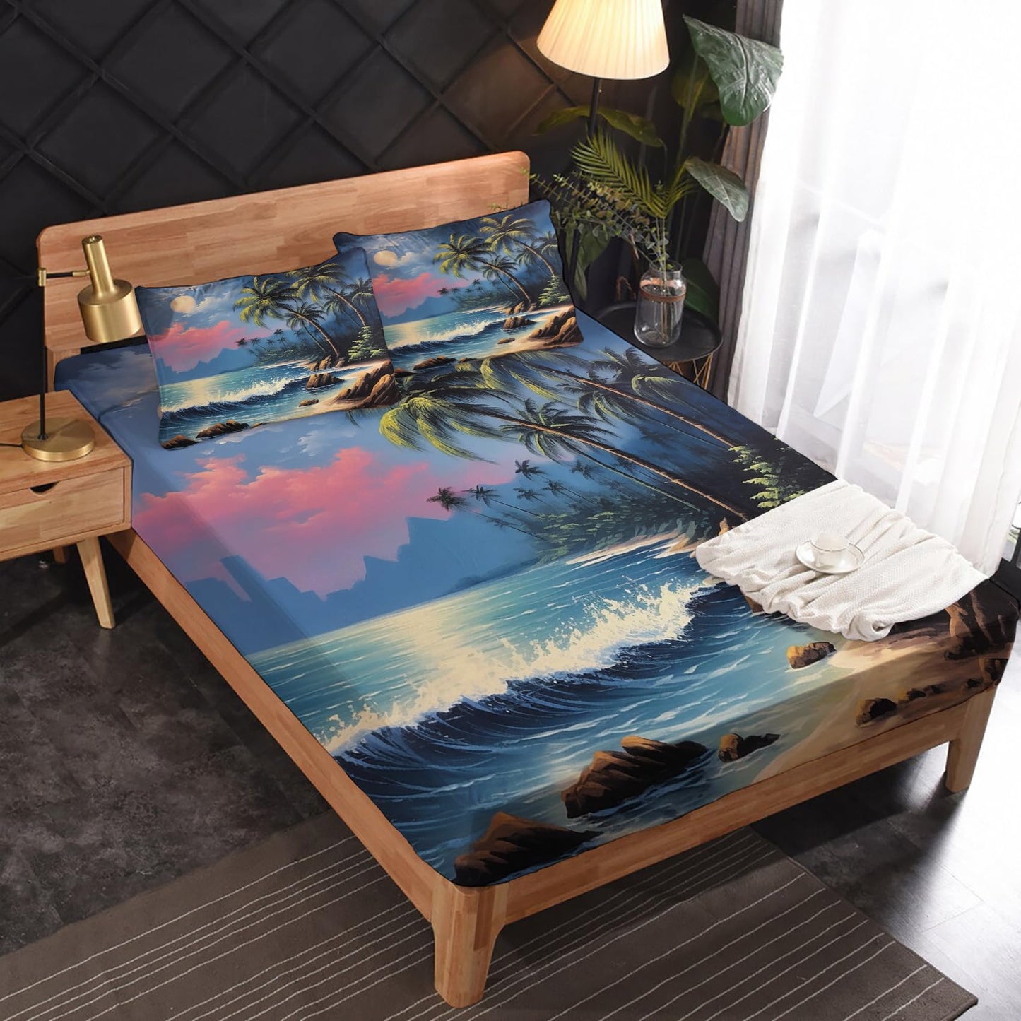zcsm Tropical Palm Tree Sheets King Size - Beach Seascape Bed Sheets, Soft Microfiber & Deep Pocket & Wrinkle Free Patterned Bedding Sheets & Pillowcases, 1 Fitted Sheet, 1 Flat Sheet, 2 Pillow Cases