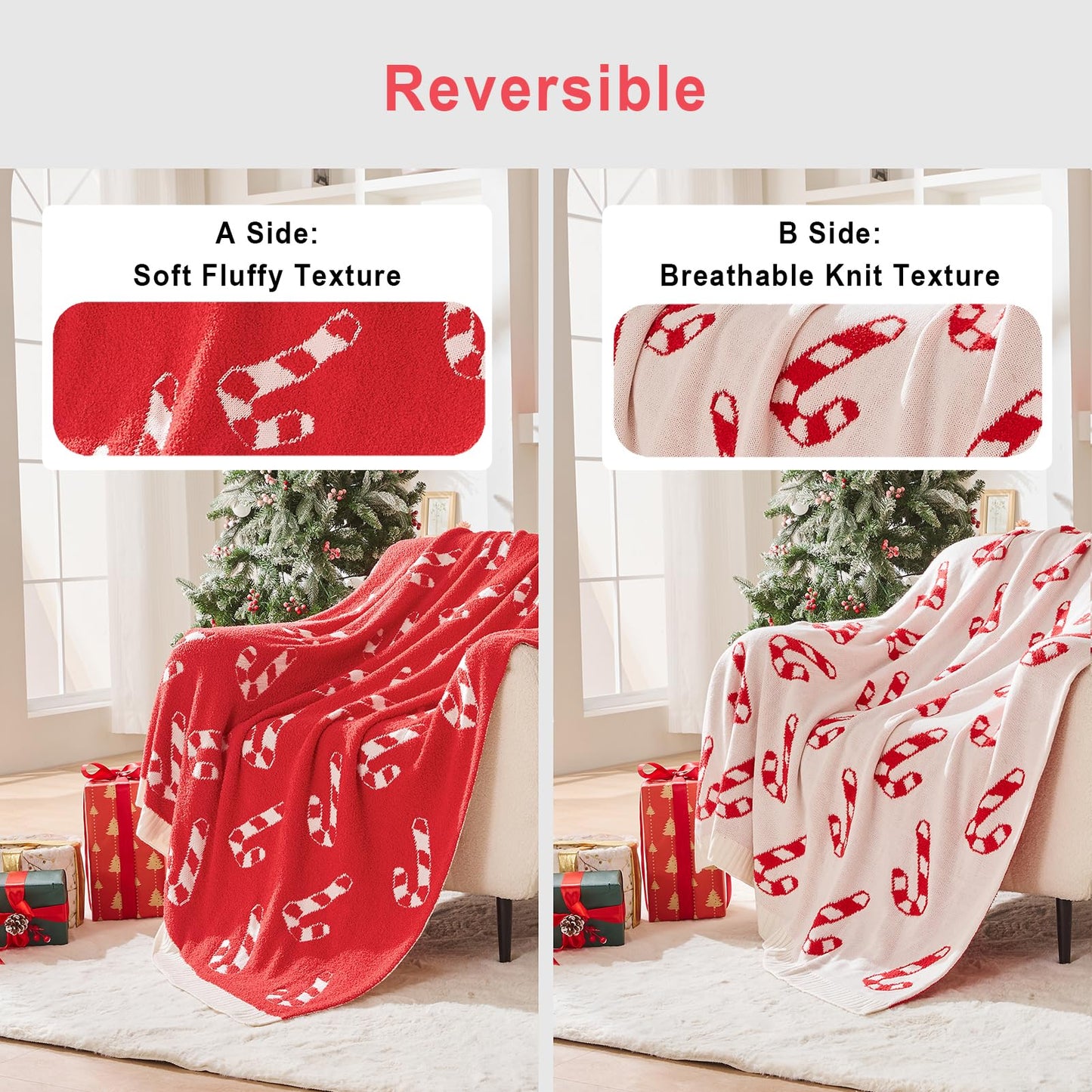 Douceur Christmas Candy Cane Throw Blanket, Ultra Soft Red Fluffy Festival Blanket, Reversible Cozy Decorative Blanket for Bed Couch Sofa, Super Soft Indoor Living Room Plush Throws, 60"X80"