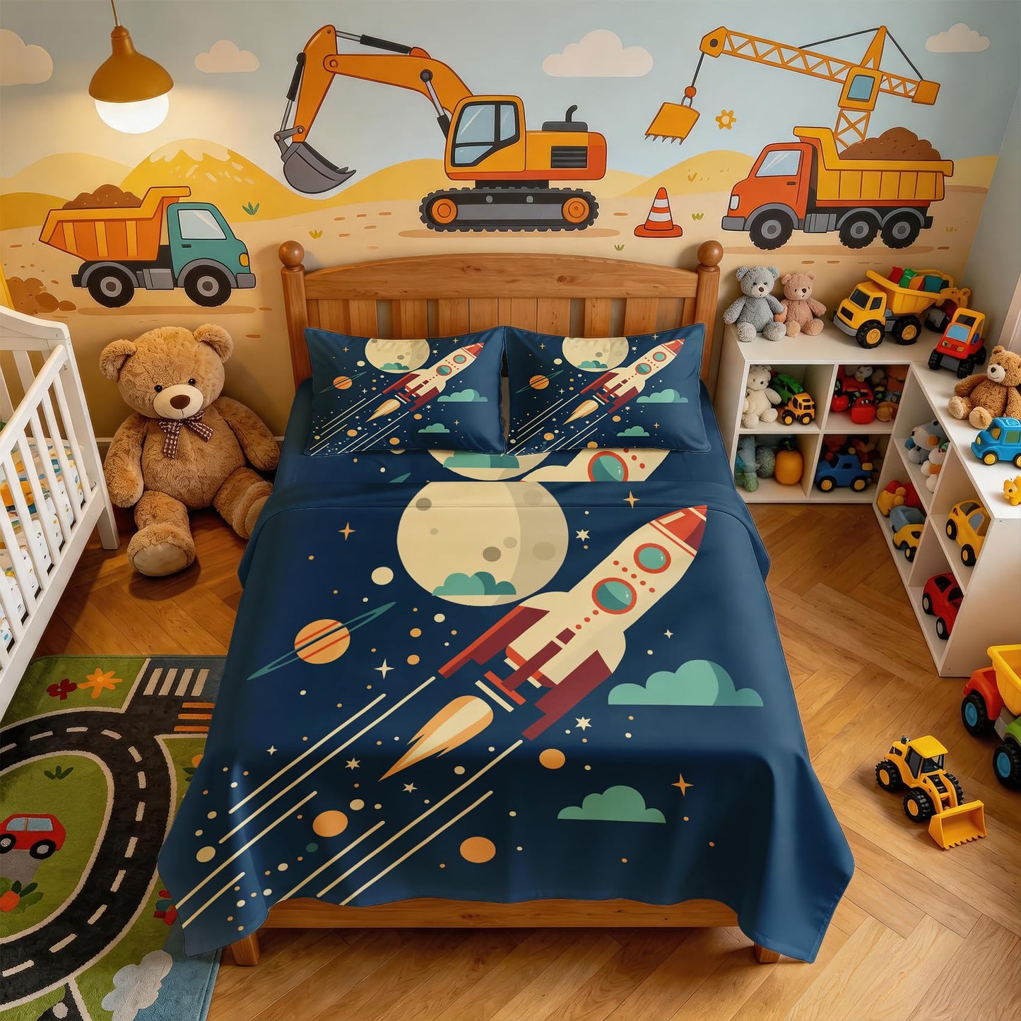 Rocket Ship Bedding Set 4 Pcs Kids Space Queen Sheets