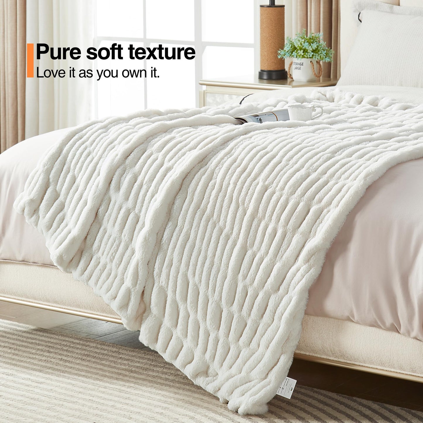 DREAMNINE Luxe Thick Fluffy Ruched Faux Rabbit Fur Throw Blanket for Couch 50" x 60", Decorative Super Soft Ruffle Warm Fuzzy Blankets for Winter, Double Sided Cozy Accent Shaggy Furry Blankets, White