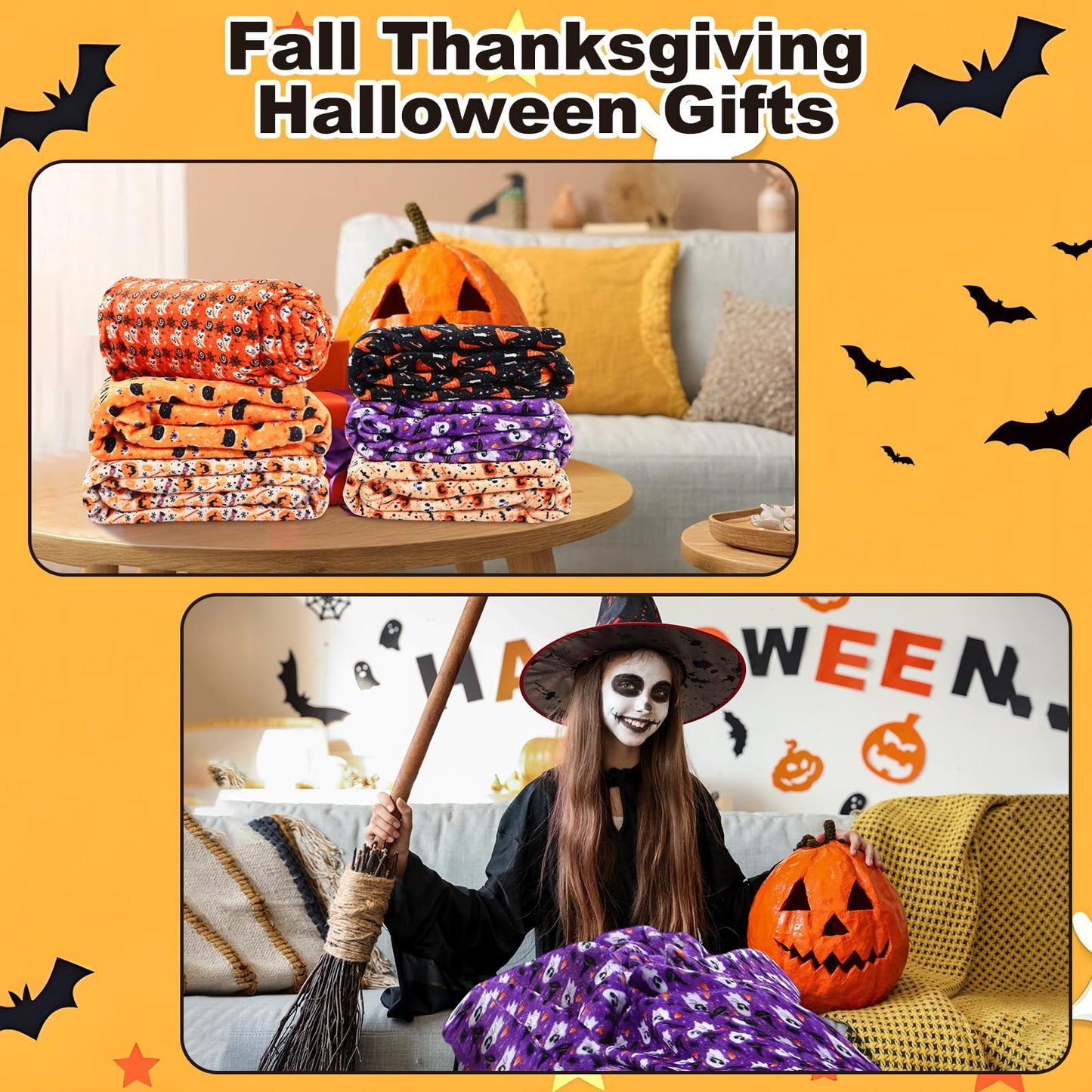 Fanfanwin 6 Pack Halloween Throws Blanket in Bulk Halloween Flannel Blanket Pumpkin Ghost Black Cat Lightweight Throw Soft Warm Fluffy Plush Quilt for Living Room Couch Dorm, 50 x 60 Inch