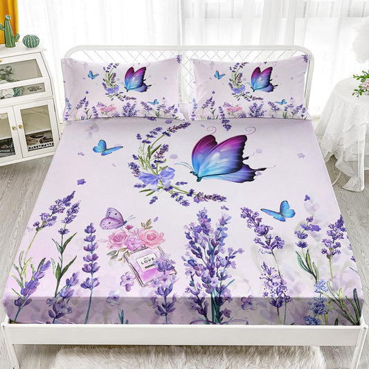 AILONEN Purple Butterfly Fitted Sheet Full Size, Blossoming Lavender Floral Bedding Set- Flying Butterfly Bring Flowers Book Print Bed Sheet 3 Pieces Set, 1 Fitted Sheet and 2 Pillowcases