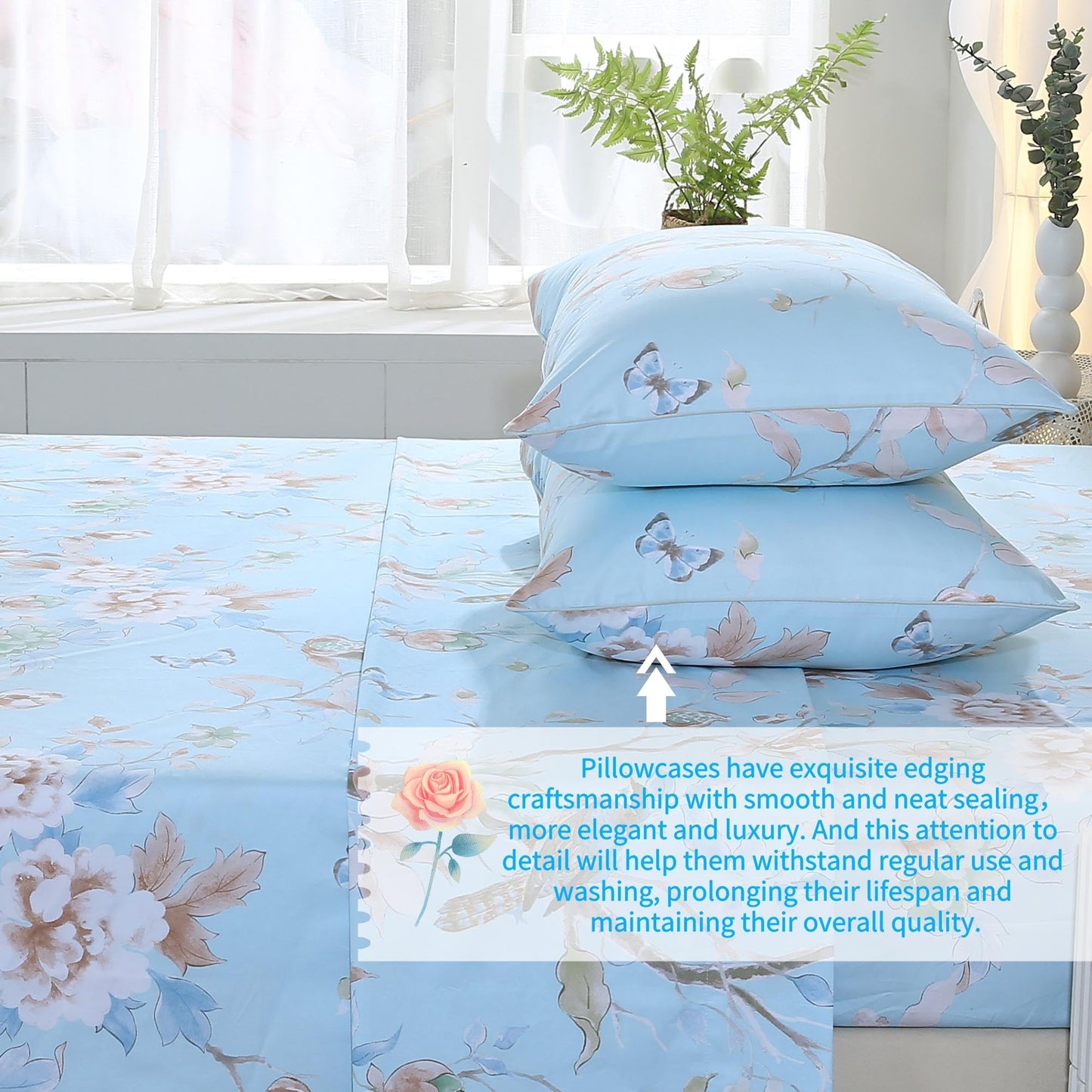 RYNGHIPY Egyptian Cotton Bed Sheet Set Blue Bird Botanical Pattern Bed Sheets Deep Pocket Fitted Sheet Tree Branches Print Bedding Soft Breathable (Light Blue,Queen Size)