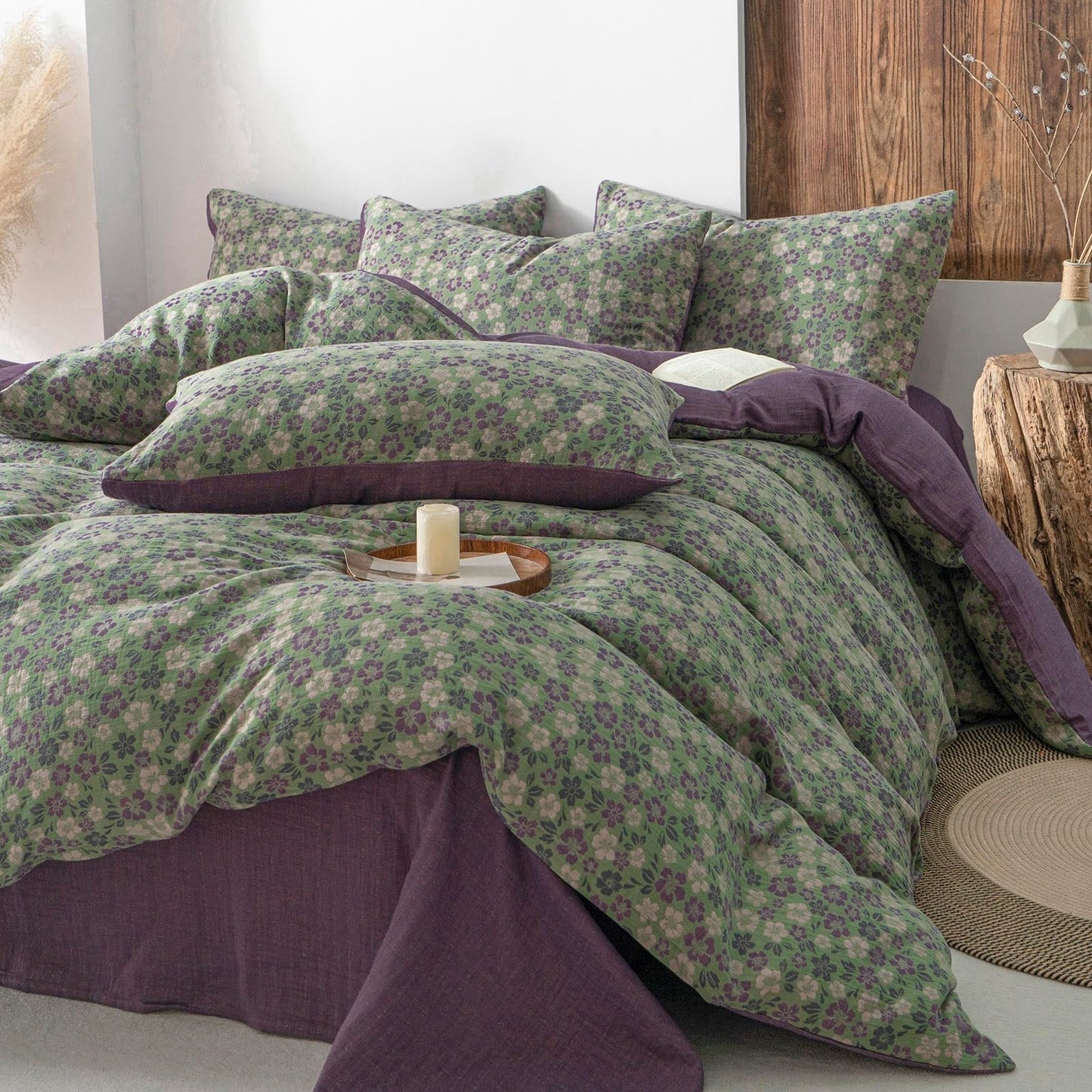 VM VOUGEMARKET Green & Purple Floral Jacquard Duvet Cover Set Queen,Breathable Double Layer Gauze Farmhouse Style Bedding Set for Home