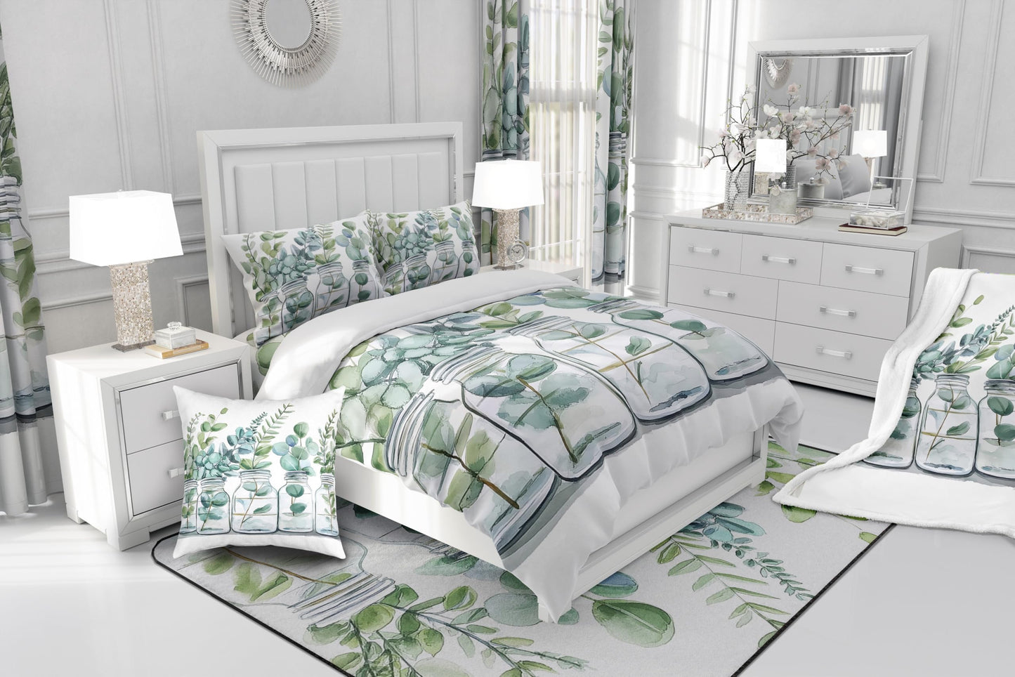 Erosebridal Spring Green Leaves Comforter Set Full Size,Botanical Leaves Bedding Set for Kids Teens,Eucalyptus Leaf (Comforter+Fitted+Flat Sheet+2 Pillowcases+2 Throw Pillow Covers) 7 Pieces Bed Set