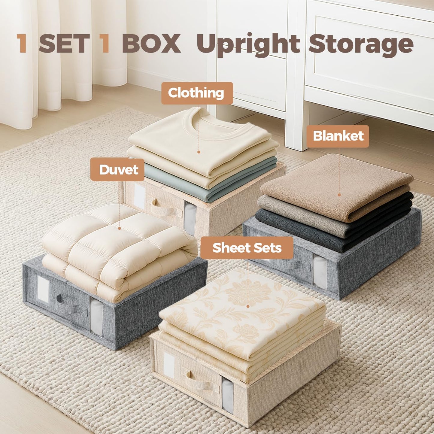 4Pack Sheet Organizers for Linen Closet - King/Queen Size Bedding Storage Boxes with Clear Window, Foldable & Dustproof Linen Organizer for Blankets & Sheet Sets,Grey
