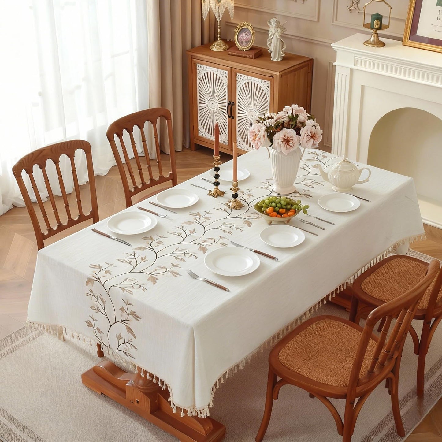 QDTTSRY Rectangle Cotton Linen Tablecloth, Heavy Duty Waterproof Tablecloths Farmhouse Tablecloth, Soft and Wrinkle Free Table Cover with Tassels for Kitchen & Dining (Coffee Flower, 70" x 55")