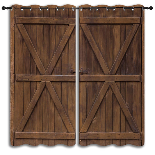 PYMATYTN Rustic Barn Door Grommet Blackout Curtains for Boy Girl Bedroom, Brown Wooden Farmhouse Door Home Energy Efficient Light Filtering Window Curtain for Living Room, 84x63 inch