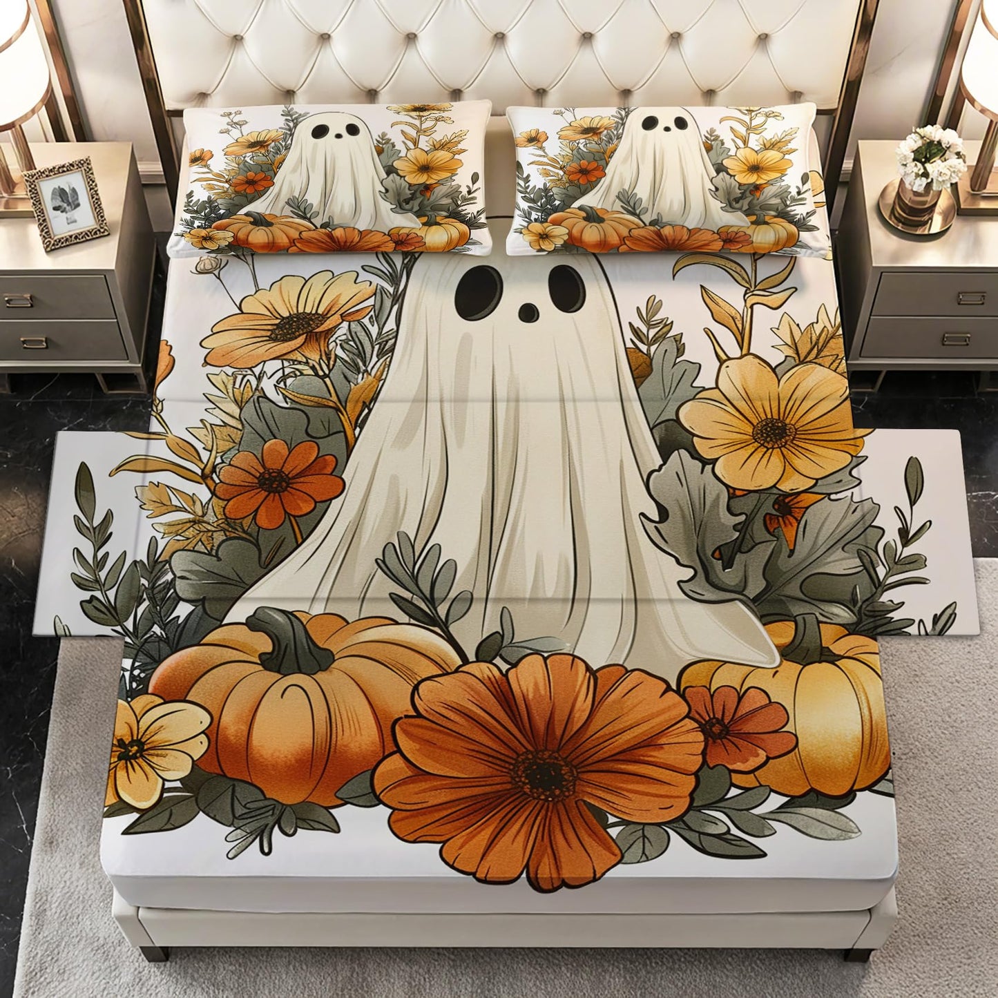 Halloween Sheets Twin Size - Autumn Ghost Pumpkin Bed Sheet Set - Deep Pocket Soft Microfiber Bedding Set 3 Piece - Fitted Flat Sheet Pillowcase - Halloween Bedroom Decor & Gifts