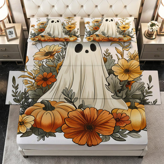 Halloween Sheets Twin Size - Autumn Ghost Pumpkin Bed Sheet Set - Deep Pocket Soft Microfiber Bedding Set 3 Piece - Fitted Flat Sheet Pillowcase - Halloween Bedroom Decor & Gifts