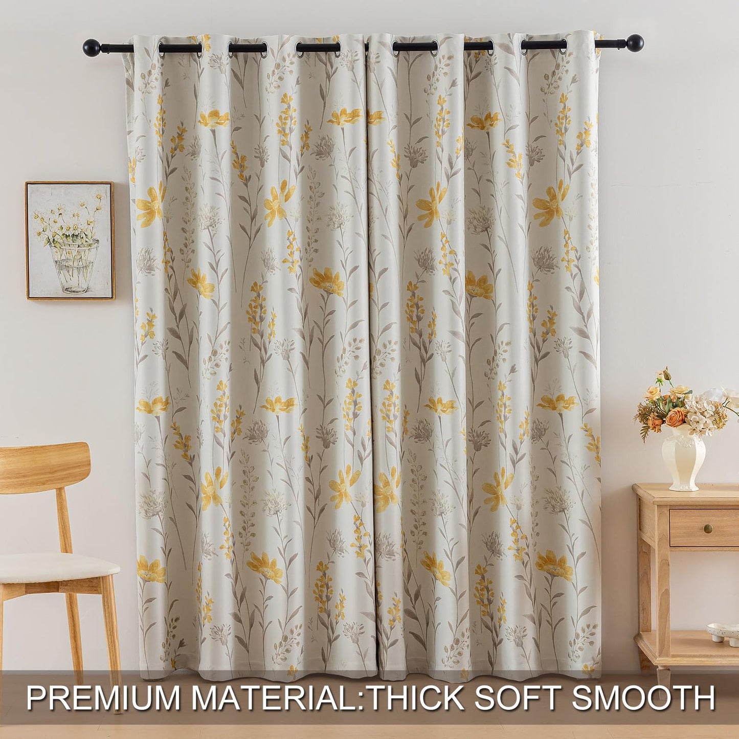 SUOUO Yellow Floral Blackout Curtains for Bedroom 84 inches Long Patterned Grey Leaf Thermal Insulated Window Drapes for Living Room 2 Panels