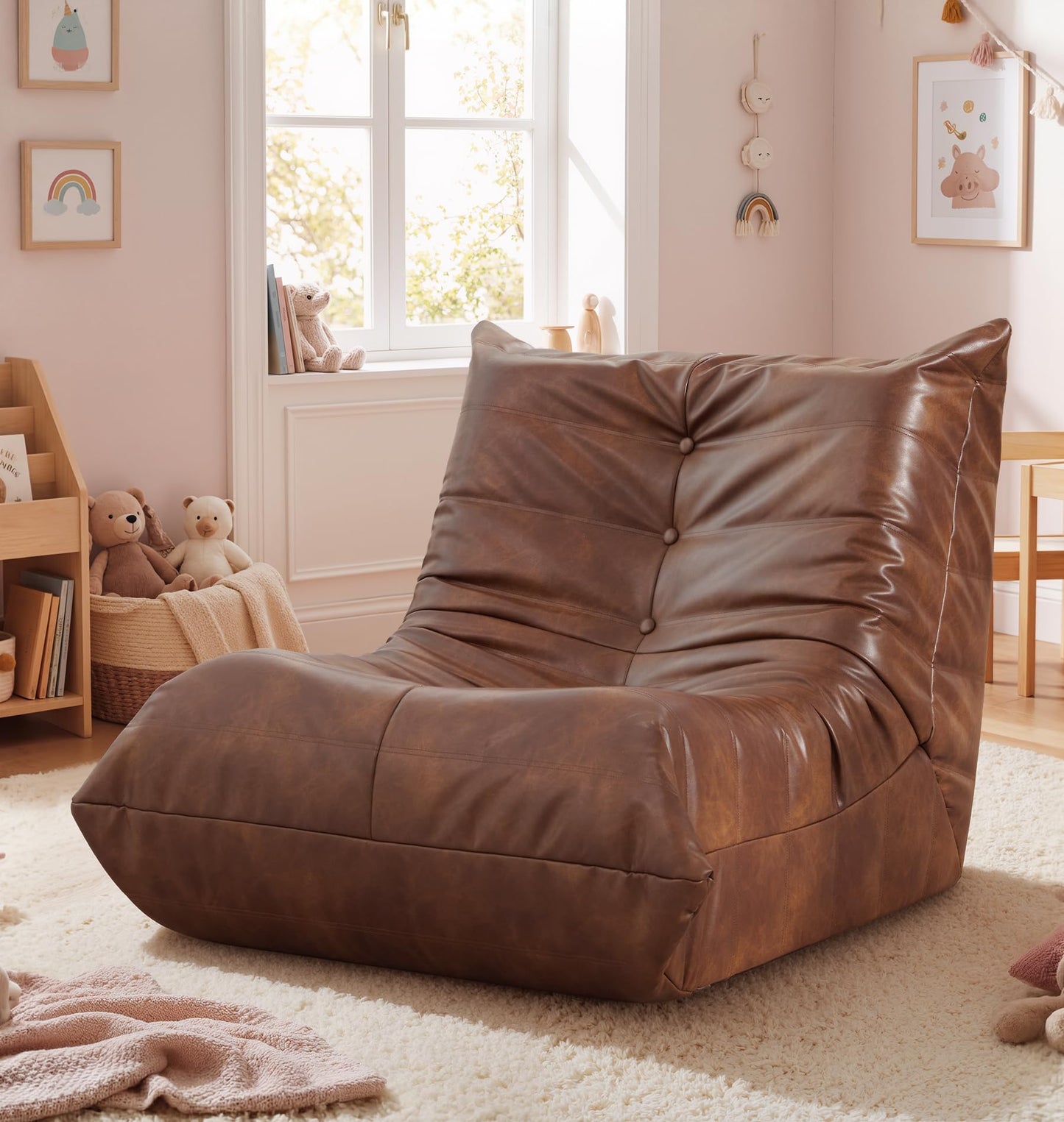 Hobestluk Bean Bag Chair for Kids Toddler Bean Bag Chair with Memory Foam Filler Leather Beanbag with Spacious Design Bean Bag Couch for Reading Gaming Relaxing (Brown, Small)