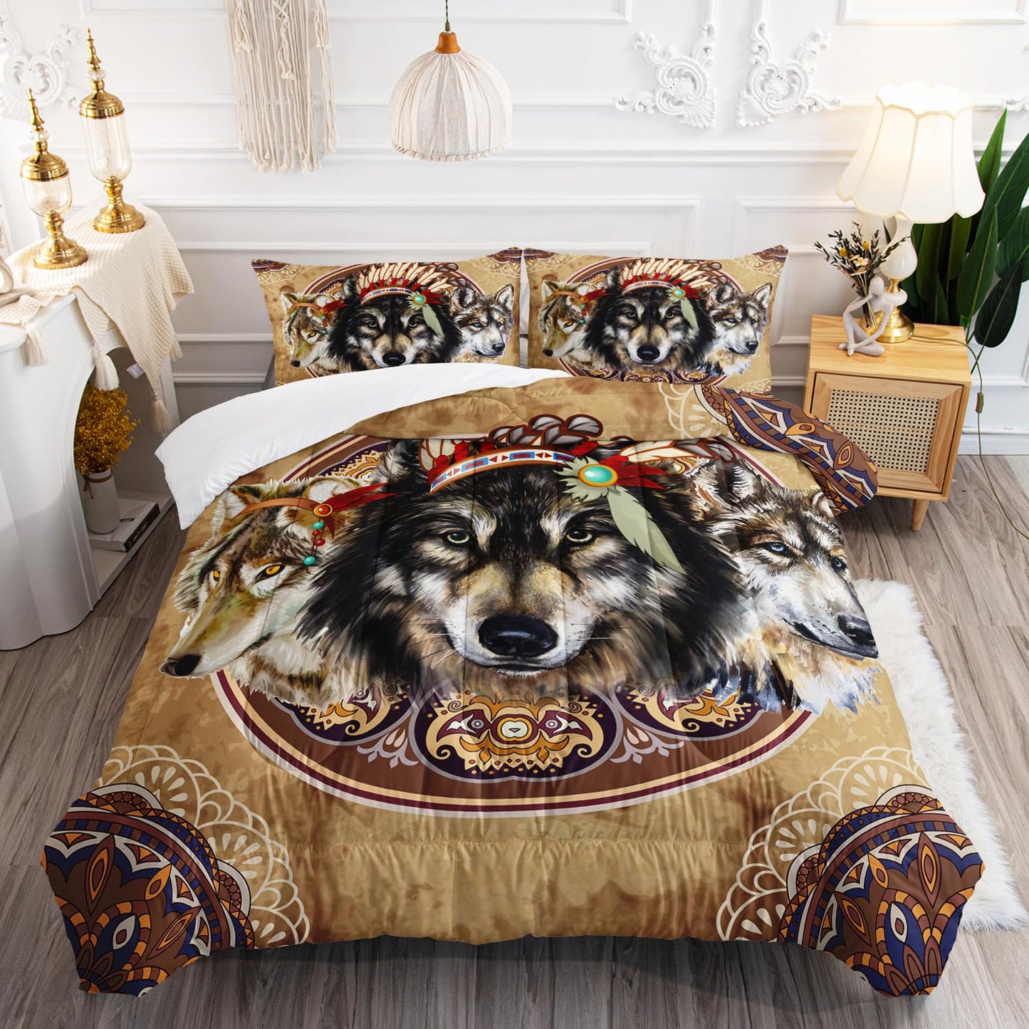 AILONEN Dreamcatcher Wolf Comforter Set Queen Size,Native American Wolf Bedding Set,Bohemian Comforter Sets,American Indian Theme Duvet Set 3 Pieces, 1 Quilt and 2 Pillowcases