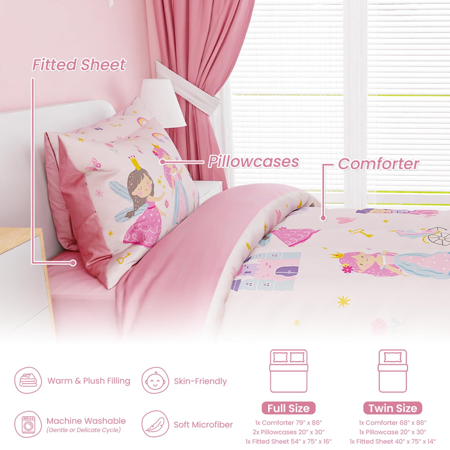 SANDJEST Princess Comforter Set Twin Size 68x86in for Kids Girls, Microfiber 3 Pcs Bedding Set Includes 1 Comforter, 1 Pillowcase, 1 Fitted Sheet, Nursery Room Decor