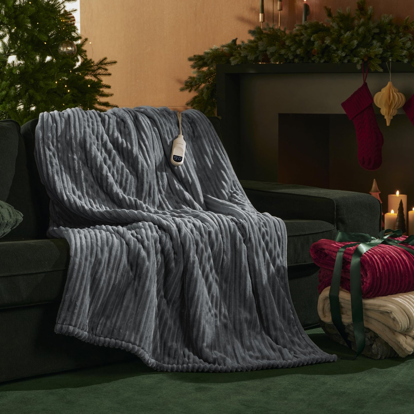 Bedsure GentleSoft Heated Blanket Throw - Soft Ribbed Flannel Electric Blanket, Gifts for Grandma (50x60 inches, Grey)