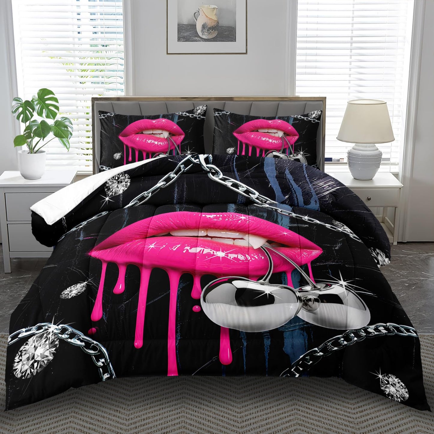llyxsesty Pink Lips Comforter Set Queen Girls Goth Fashion Comforter Set Couple Black Goth Bedding for Women Vampire Bedding for Home Girls Vampire Bedroom Decor Elegant Home Decor