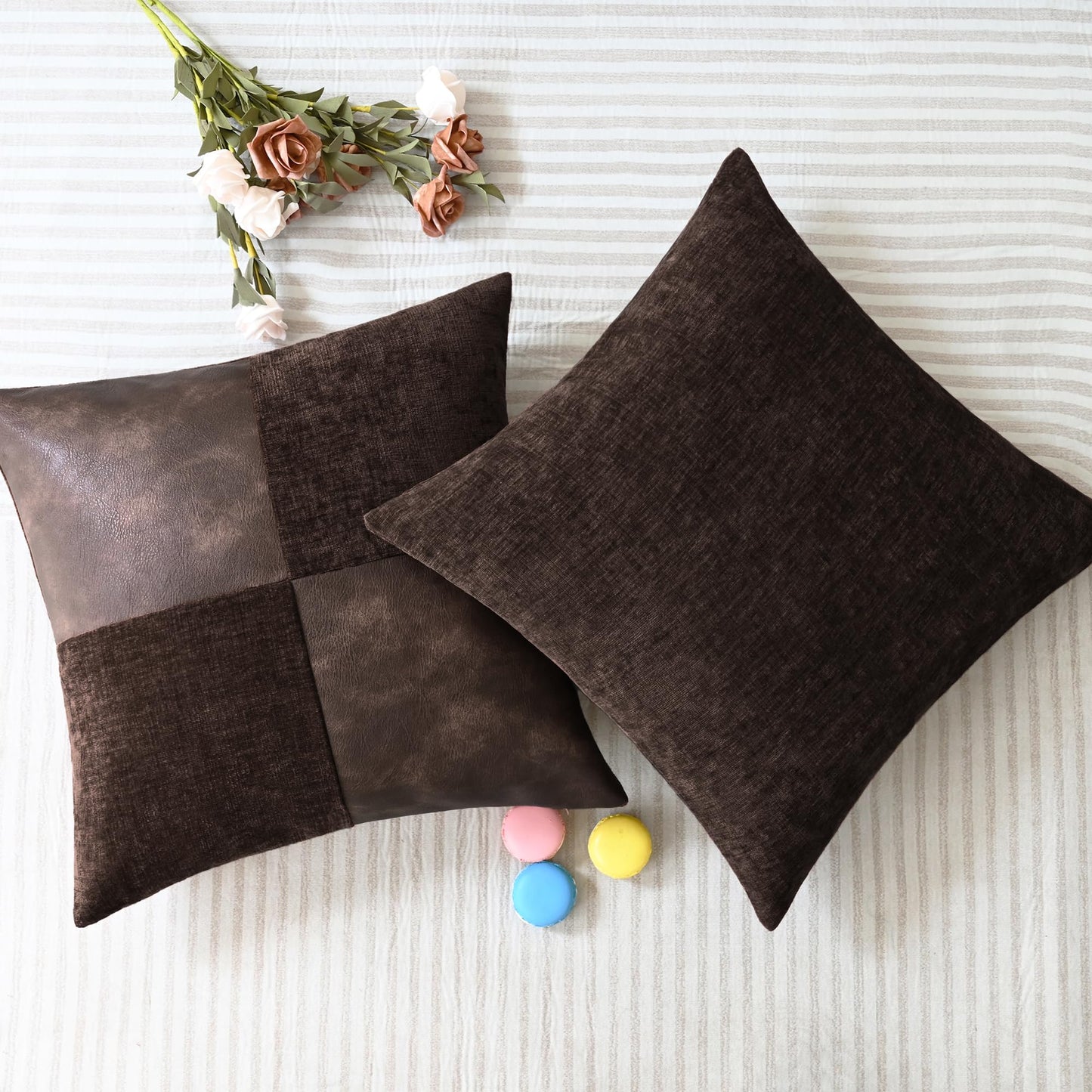 CaliTime Throw Pillow Covers Decorative 18 X 18 Inches Pack of 2 Cozy Chenille Faux Leather Splicing Cushion Cases for Couch Sofa Bed Living Room Home Coffee