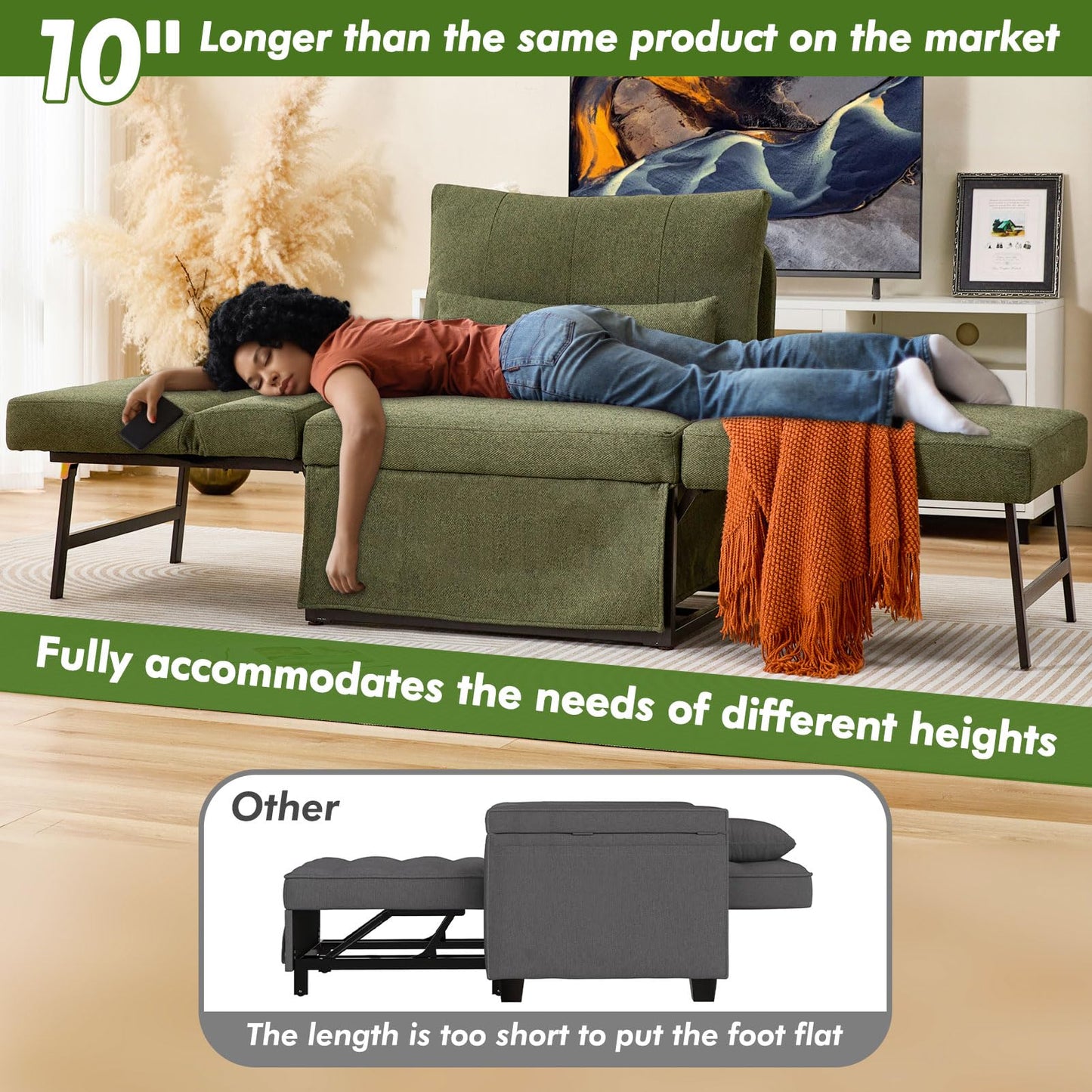 ZZW Sleeper Chair Bed Upgrade 4-in-1 to 5-in-1 Convertible Multi-fuction Sofa Chair w/Adjustable Backrest Assembly-Free Linen Folding Sofa Ottoman Bed for Living Room Apartment (Deep Green)