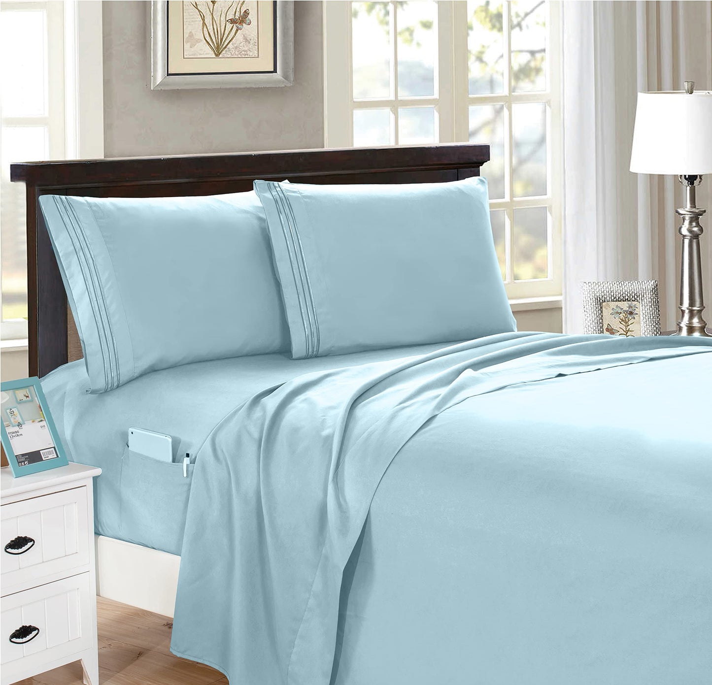Elegant Comfort 4-Piece King- Smart Sheet Set! Luxury Soft 1500 Premier Hotel Quality Wrinkle and Fade Resistant with Side Storage Pockets on Fitted Sheet, King, Aqua Blue