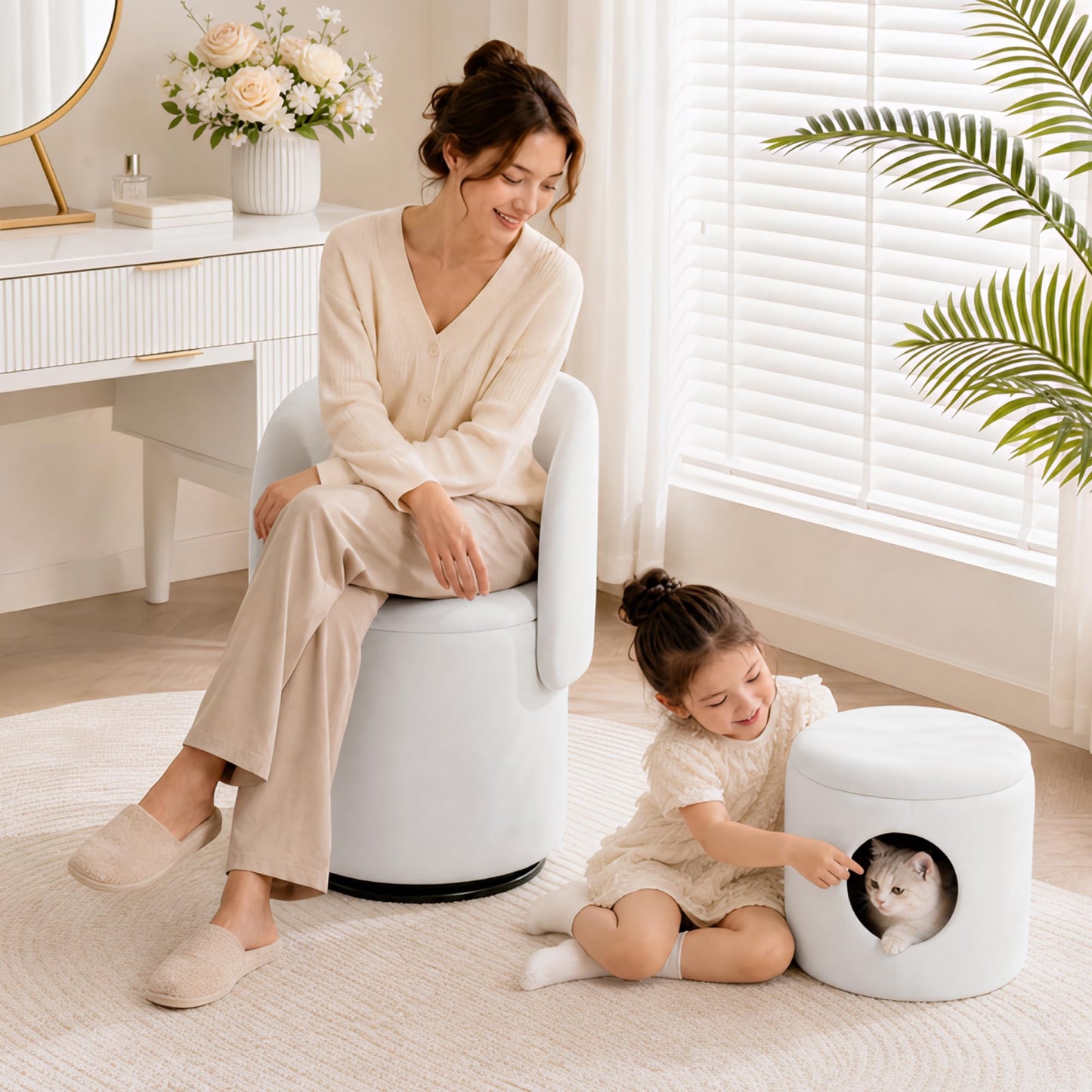 WOCFYK Makeup Vanity Chair with 360 Degree Swivel and Hidden Storage, Upholstered Barrel Accent Chair with Back, Matching Cat Bed Stool for Bedroom, Vanity Room, Living Room, White Velvet