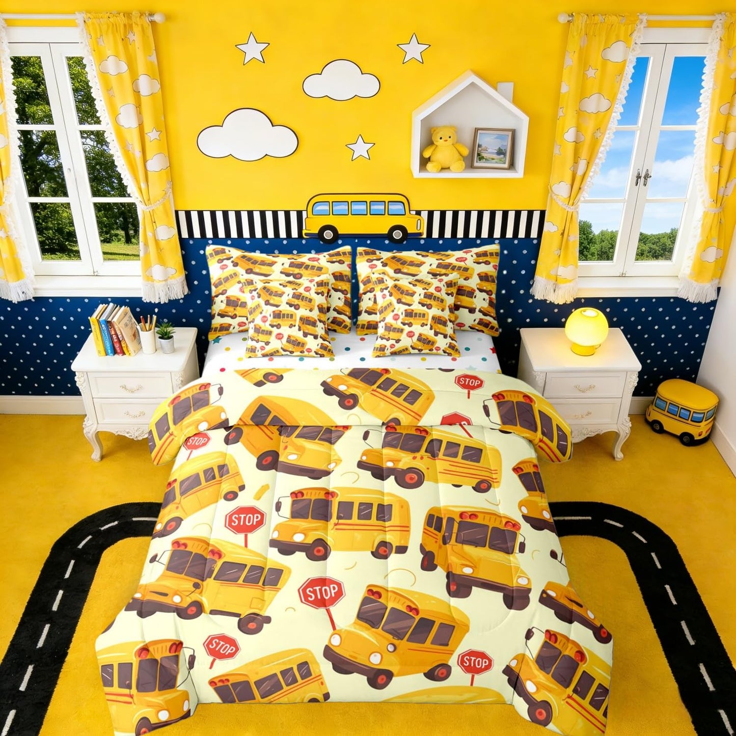 Erosebridal School Bus Twin 7 Pieces Bedding Set for Kids, Cartoon Truck Bed in A Bag for Boys Girls Teens Youth Bedroom Decor, School Theme Comforter Set with Sheets, Yellow Vehicle Bed Sets