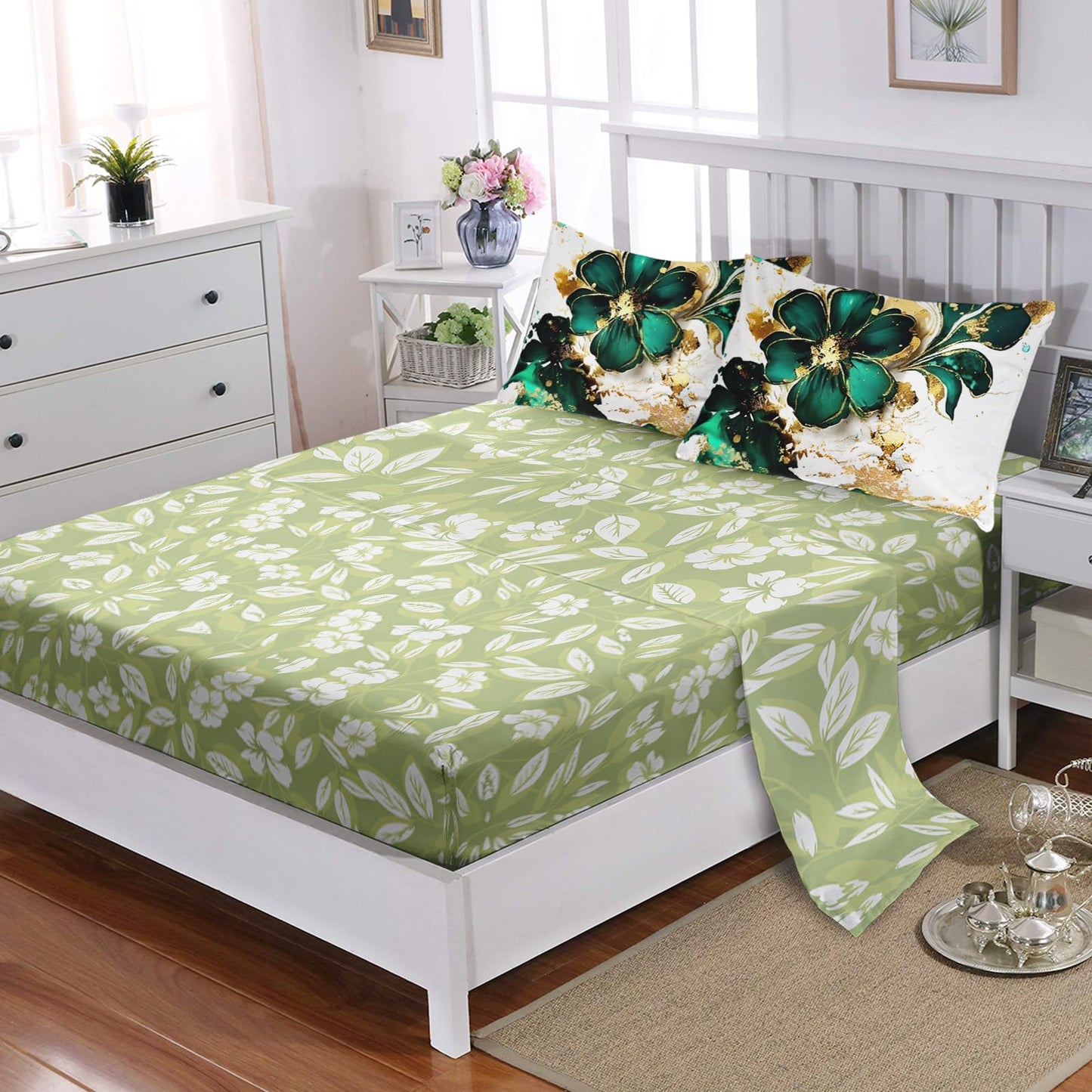 AILONEN Gold Green Floral Comforter Set Full Size,7-Piece Soft Bed in a Bag,Marble Flower Comforter & Fitted Sheet & Flat Sheet & 2 Pillowcases,2 Pillow Shams for Girls Women