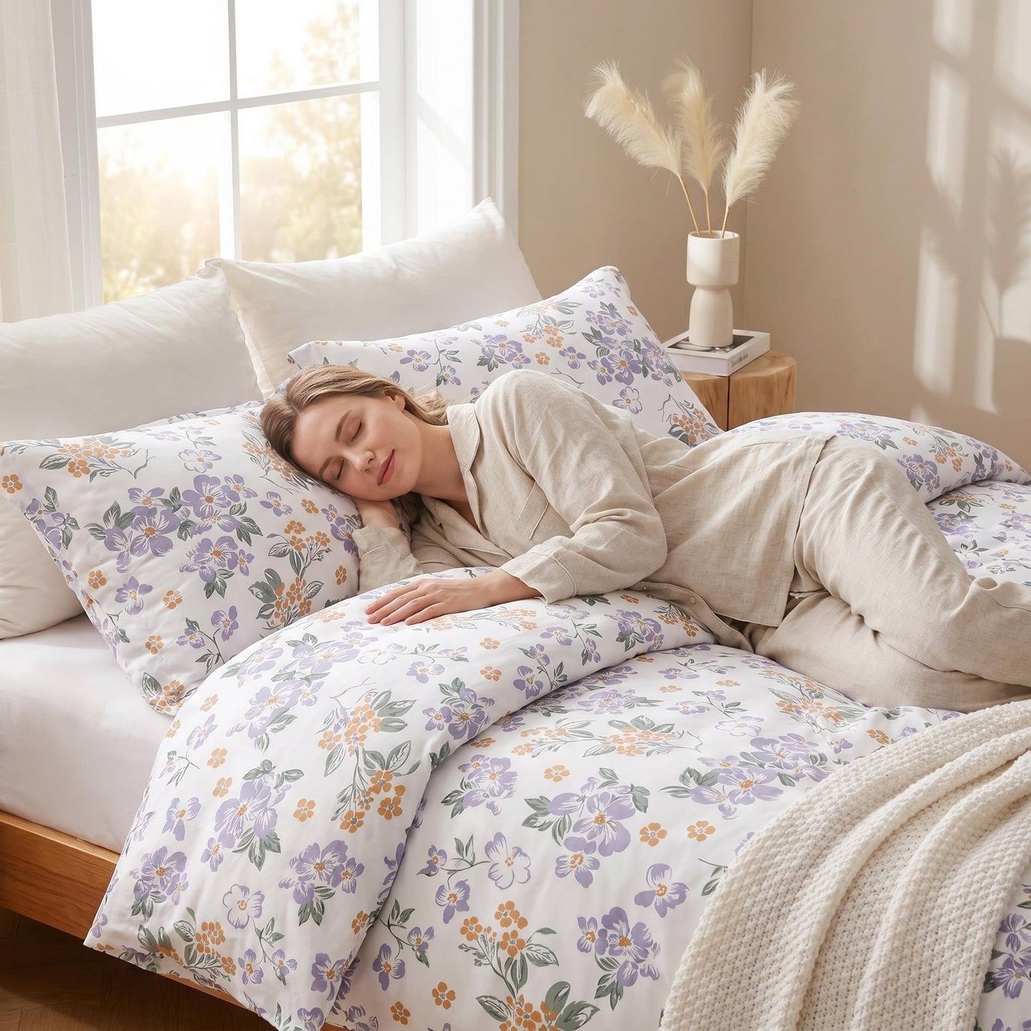 Ocharo Purple Floral 100% Cotton Duvet Cover King Size,Reversible Modern Orange Floral Bedding Set Cotton with Zipper Closure,Soft 3 Pieces Chic Abstract Flowers Comforter Cover with 2 Pillow Shams