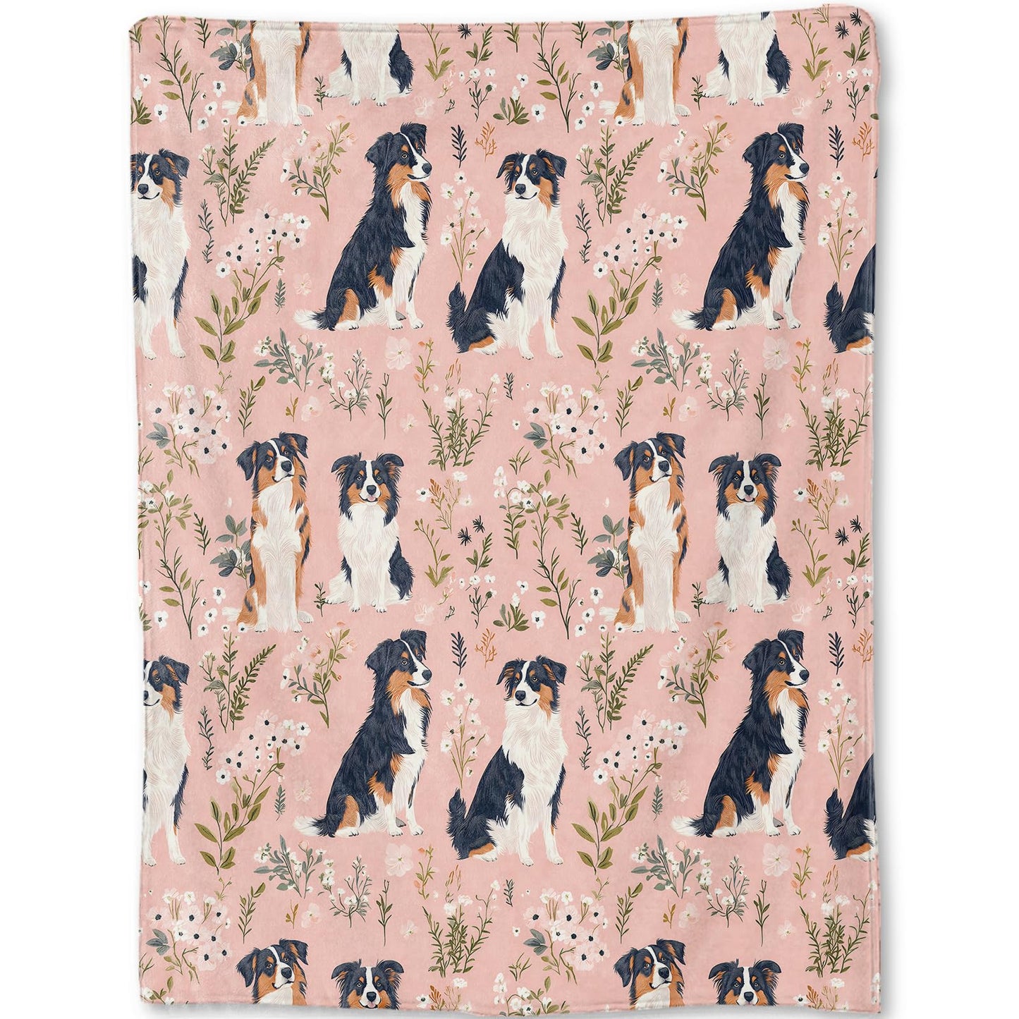 ainori Australian Shepherd Blanket - Cute Dog and Floral Pink Fleece Throw,Gifts for Kids Girls Women, Soft & Warm,Lightweight, for Charming Modern Decor, Dog Lovers, and Room Home Accents 50x60in
