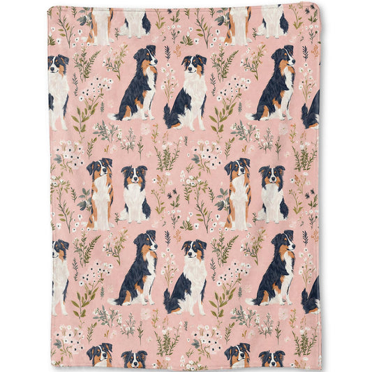 ainori Australian Shepherd Blanket - Cute Dog and Floral Pink Fleece Throw,Gifts for Kids Girls Women, Soft & Warm,Lightweight, for Charming Modern Decor, Dog Lovers, and Room Home Accents 50x60in