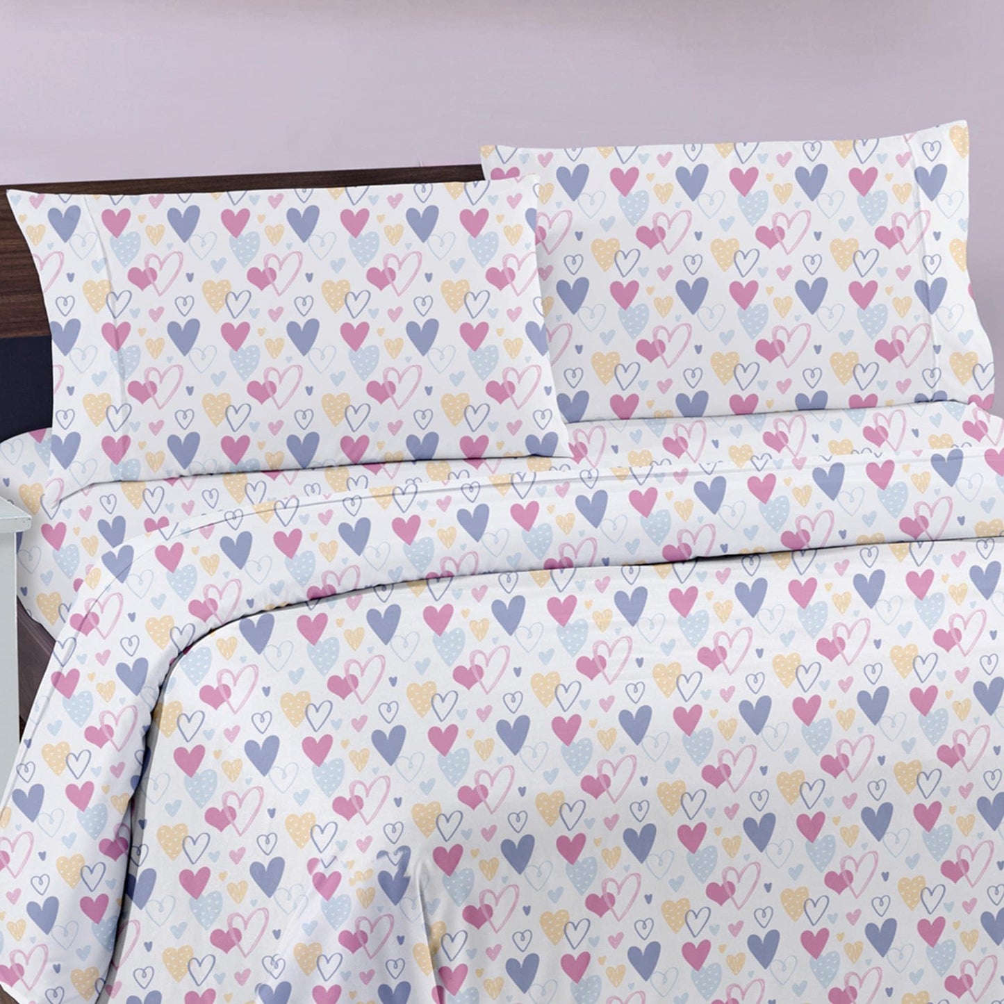 Softan Kids Bed Sheet Set, 3-Piece Twin Sheets Set, Microfiber Fitted Sheet with 15 Inches Deep Pocket and Corner Straps, Breathable & Silky Soft Love Heart Pattern Sheet and Pillowcase Sets