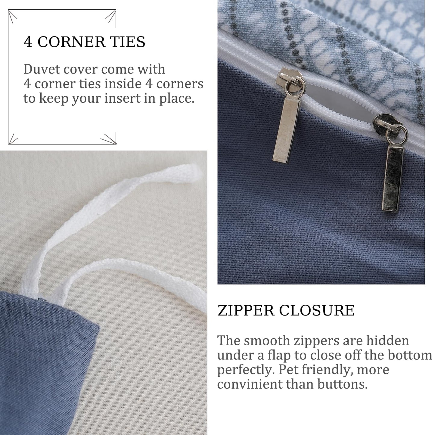 Zusbest Duvet Cover King Flannel-Like for Extra Soft 100% Cotton Reversible Grey Navy Blue Modern Bedding, Patterned Bed Cover Luxury Classic Printed Zipper Comforter Cover Set 3 Pieces- No Filling