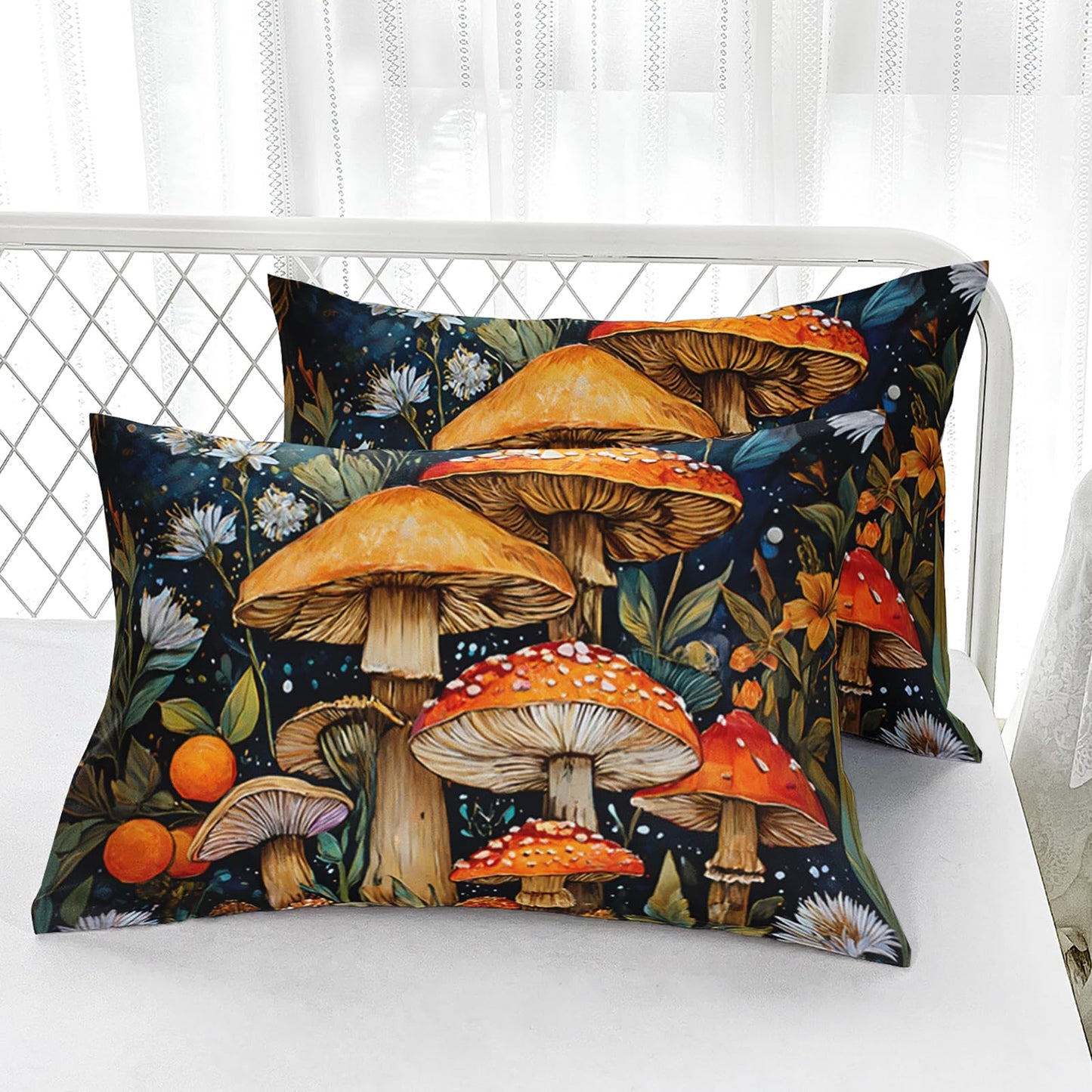 AILONEN Girls Cartoon Mushroom Fitted Sheet Set Twin Size - Nature Wild Fungus Fitted Sheet + 2 Pillowcases - Beautiful Mushroom Botanical Flowers Sheets Set 3-Piece