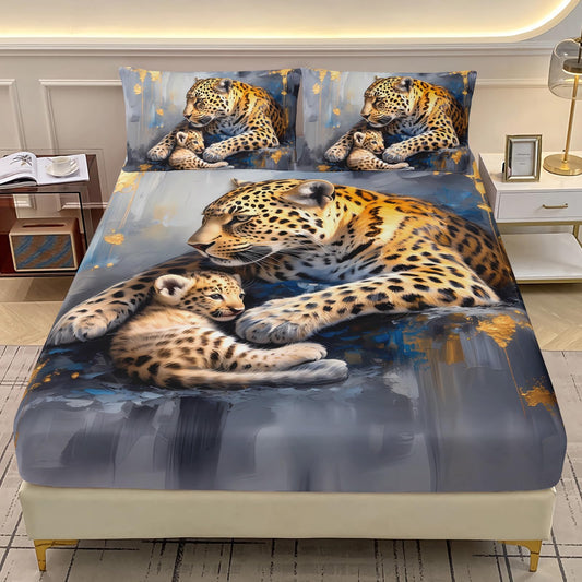 AILONEN Cheetah Family Fitted Sheet Set Queen Size,Wild Animal Themed Leopard Print Bedding Set for Boys Girls,3D Cheetahs Deep Pocket Sheets with 2 Pillowcases,3-Piece