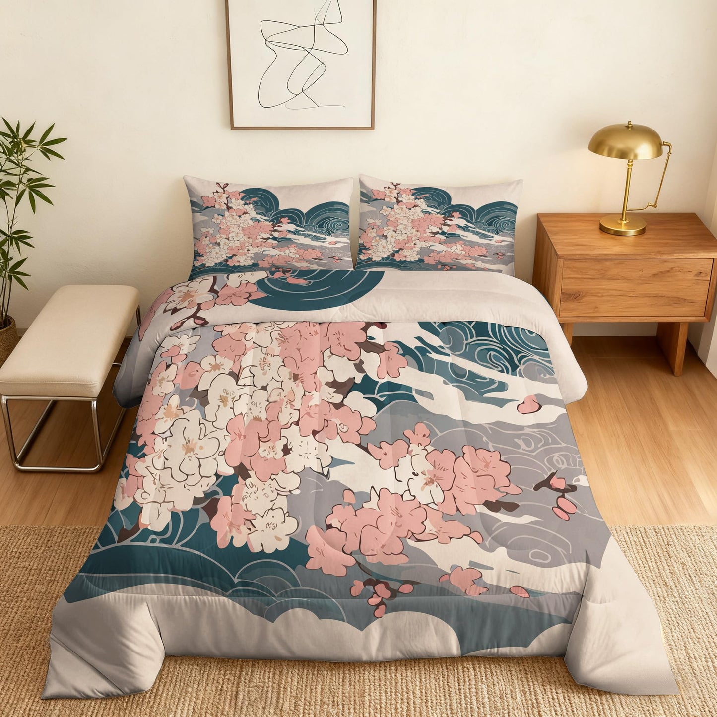 ZDABAOEC Japanese Twin Comforter Set 2 Piece, 1 Pillow Sham, Oriental Asian Japan Cherry Blossom Reversible Down Alternative All Season Bedding, Soft Microfiber, Japanese Bedroom Decor