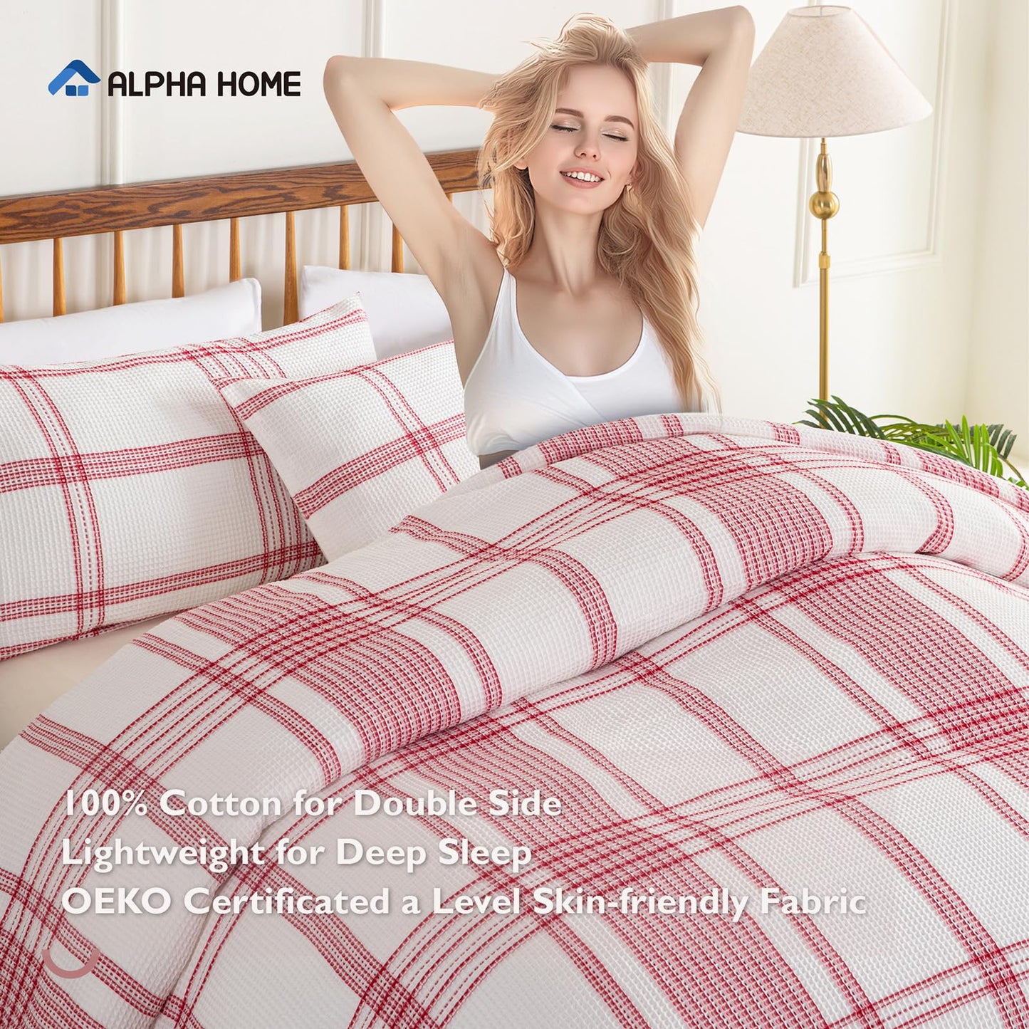ALPHA HOME 100% Cotton Jacquard Comforter Set Full Size, 3 Pieces with Comforter & Pillow Shams, Cozy Waffle Weave Bedding Sets for All Season, Crimson Red
