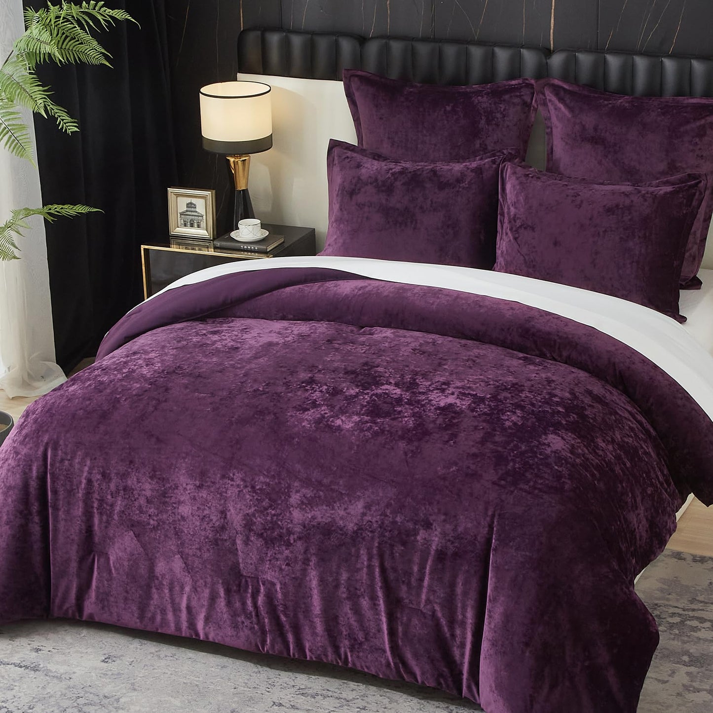 Ivellow Crushed Velvet Comforter Set Queen Purple Comforter Set 5pcs Ultra Soft Lightweight Breathable Bedding Set Luxury Cozy Flannel Comforter Queen Size (1 Comforter,2 Pillow Shams, 2 Euro Shams