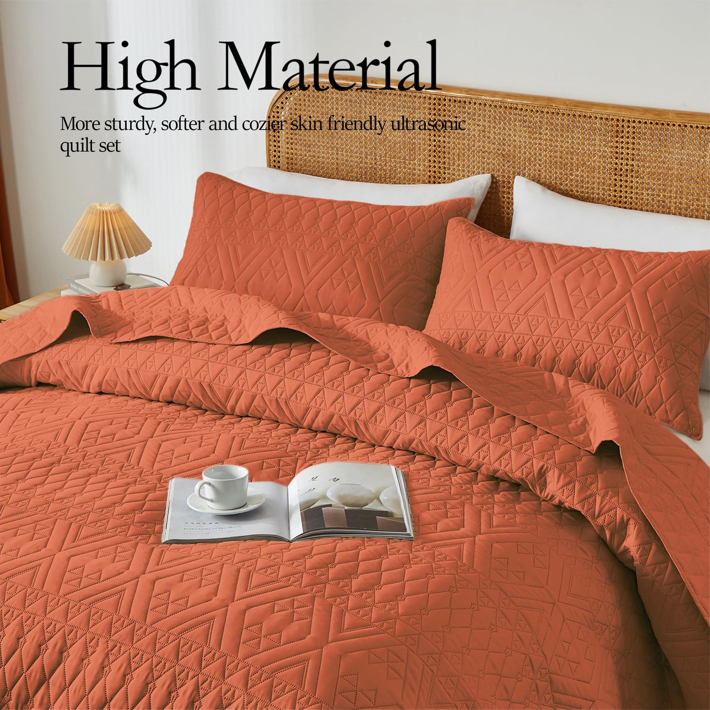 akkialla Full/Queen Size Quilt Bedding Set,Burnt Orange Lightweight Microfiber Soft Bedspread,Modern Style Geoetric Pattern Coverlet Set for All Seasons,3 Piece(1 Quilt,2 Pillow Shams)