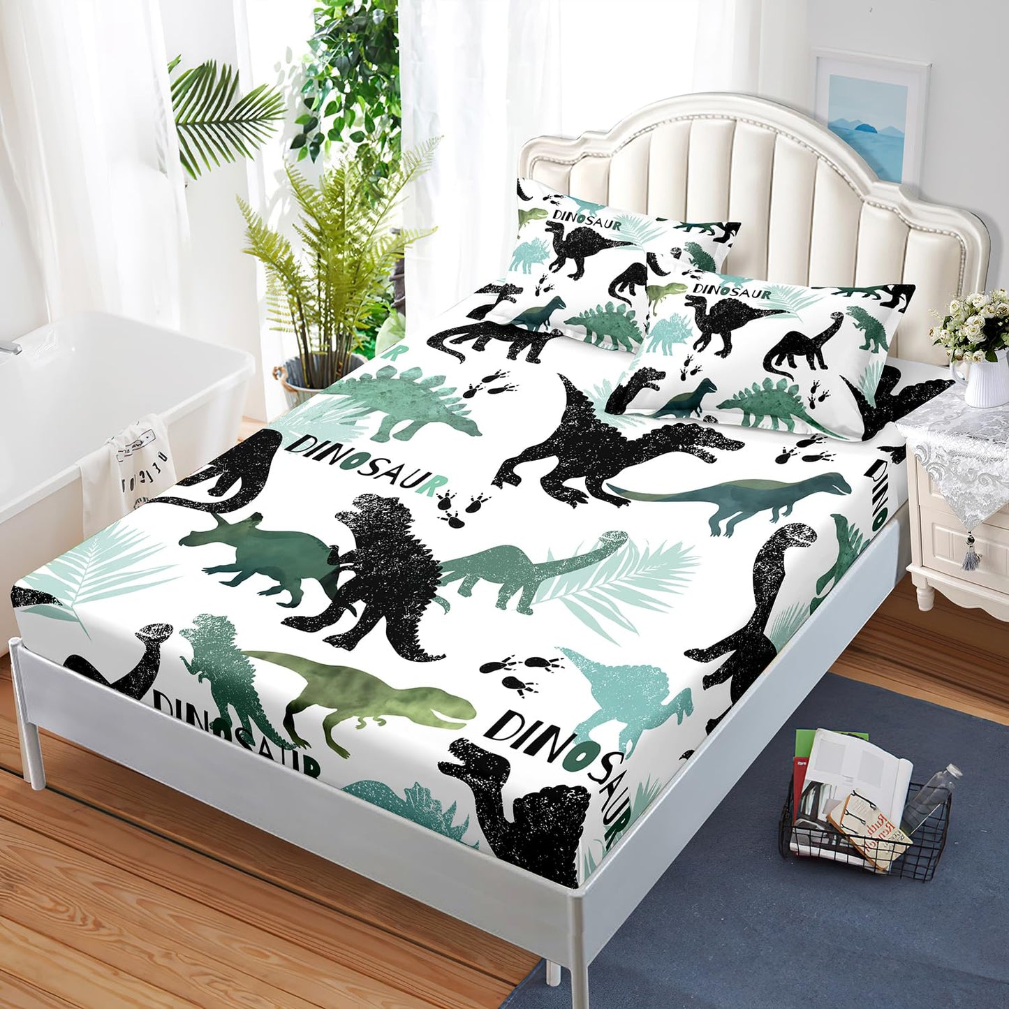 AILONEN Dinosaur Kids Fitted Sheet Set, Black and Green Dinosaur Bed Sheet Set, Soft Fitted Sheet with 2 Pillowcases for Boys