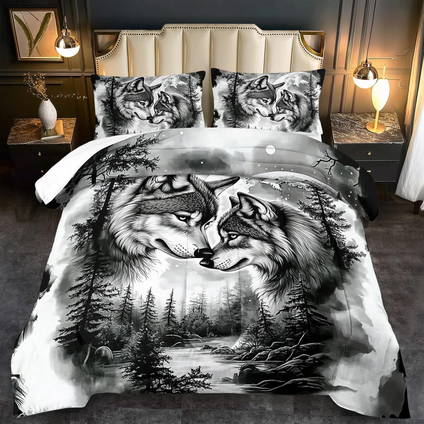 llyxsesty Wolf Comforter Set King for Boys Black and White Animal Bedding Set Girls Couple Wolf Comforter King Quilt Forest Room Decor Animal Home Decor Bedroom