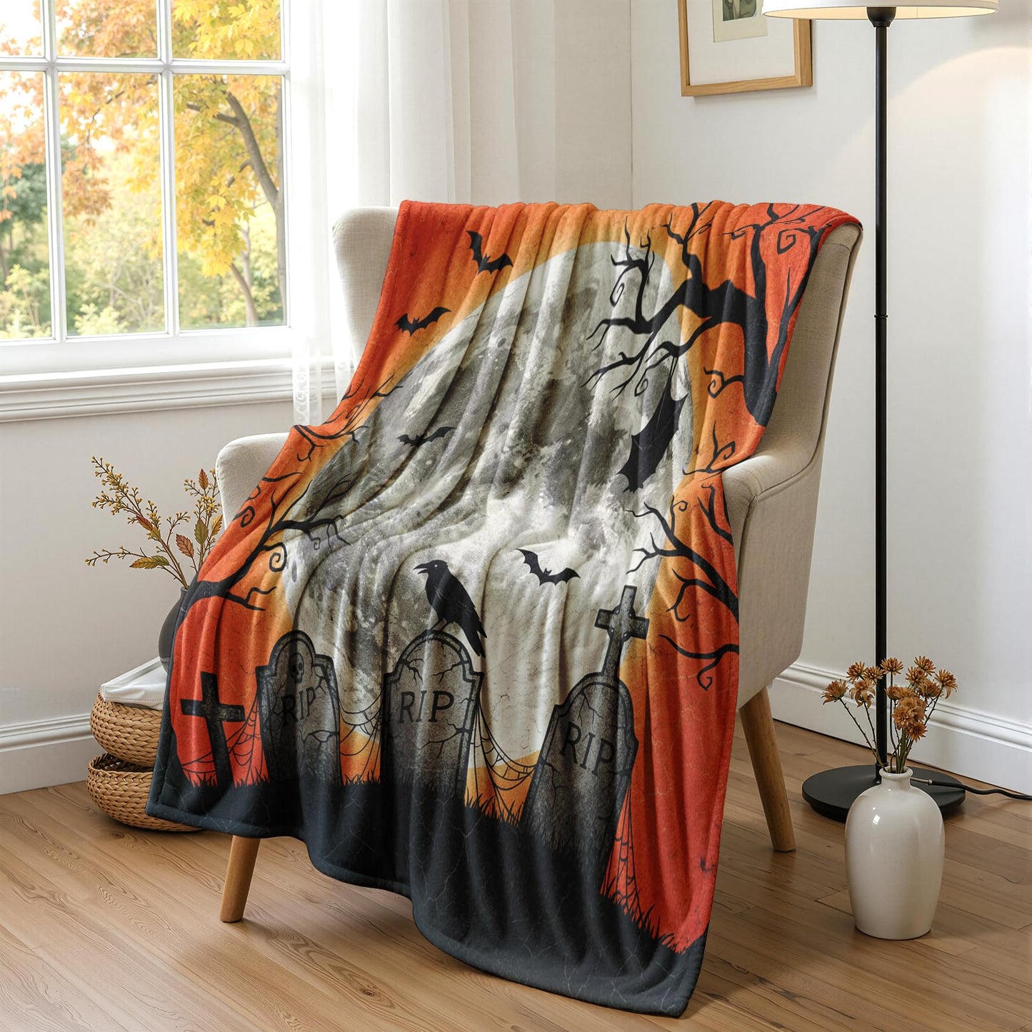 GEDAEUBA Halloween Blankets and Throws - Spooky Crow Bat Moon Tombstone Fleece Blanket Full Size, Soft Cozy Blankets & Throws for Couch, Bed, and Sofa, 84x90 inches