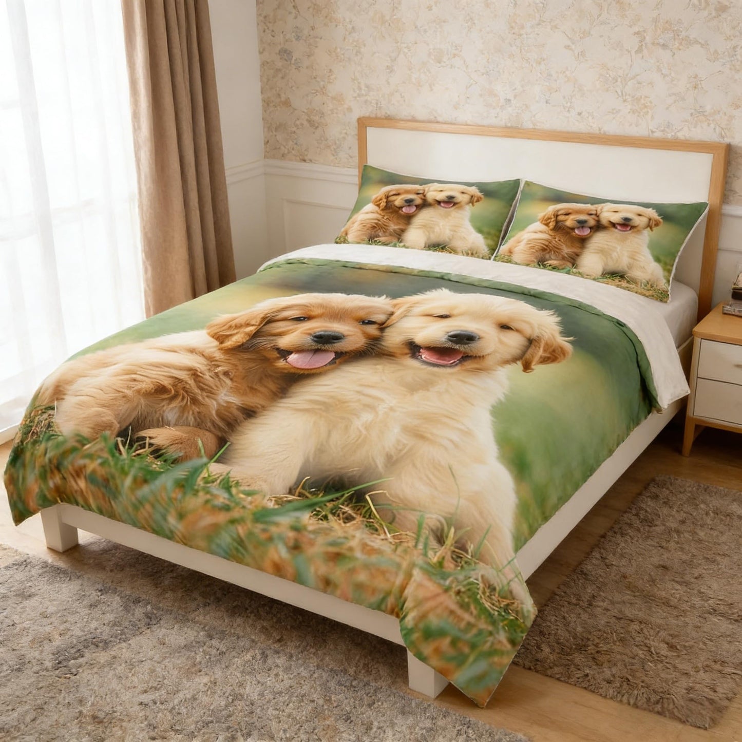 Homewish Cute Golden Retriever Bedding Set for Kids Teens Green Grass Decor Comforter Cover (No Comforter) Soft Polyester Duvet Cover Set (1 Duvet Cover + 2 Pillow Cases) Full Size