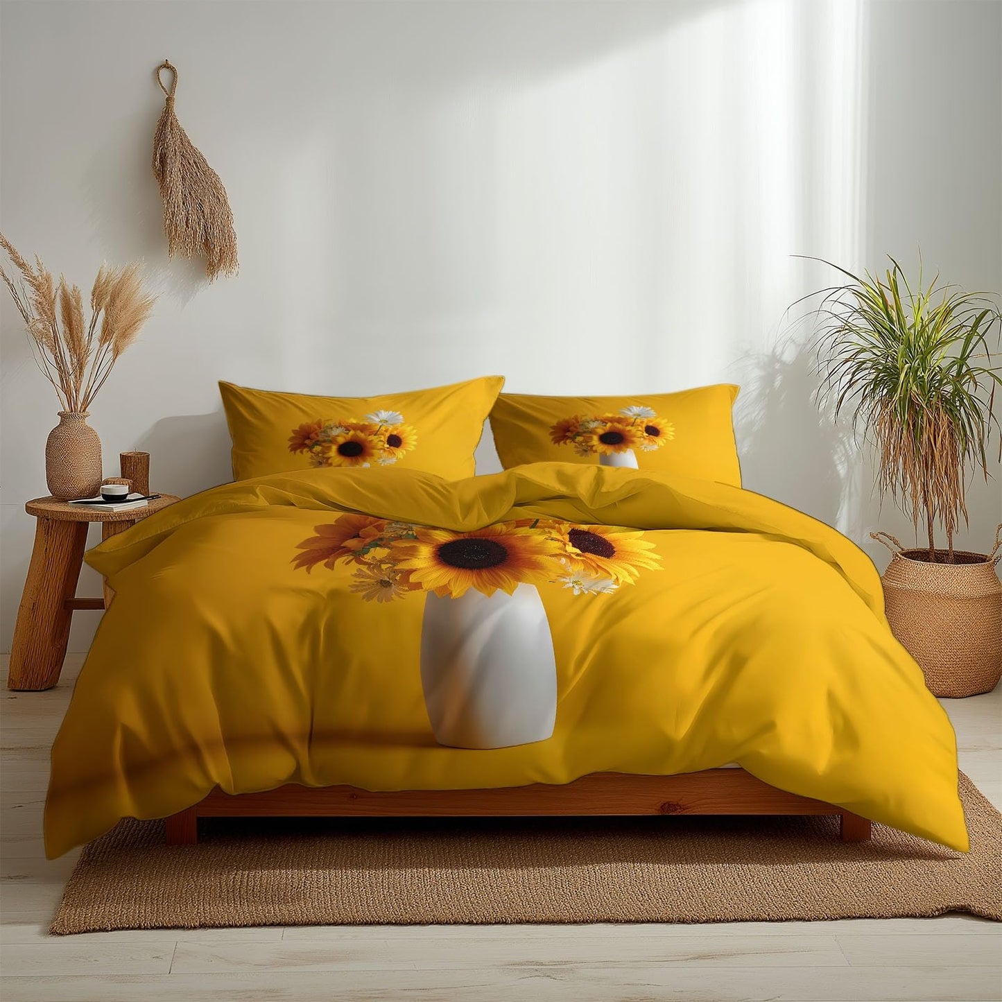 Super Soft Art Photography Duvet Cover Set Twin Size, Minimalist Yellow White Vase Sunflowers Bedding for Kids Boys Girls Teens - Breathable and Anti-Allergic Soft Comforter Cover 2 Pillow Shams