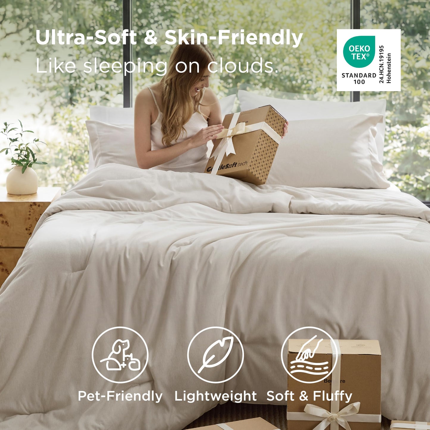Bedsure Queen Comforter Set - Beige Soft Bedding for All Seasons, Cationic Dyed Bed Set, 3 Pieces, 1 Queen Size Comforter (90"x90") and 2 Pillow Shams (20"x26"+2")