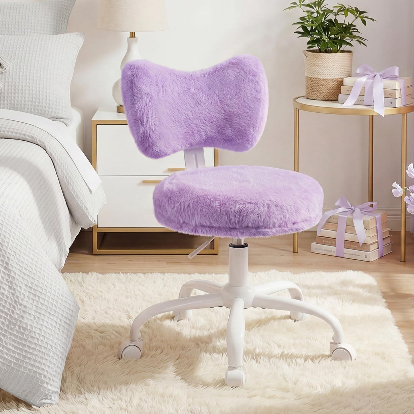 Homkdom Vanity Chair with Wheels, Cute Desk Chair with Bow Backrest, Fluffy Faux Rabbit Fur Small Office Chair for Vanity, Make-up Room, Bedroom, Dorm, Height Adjustable, Purple