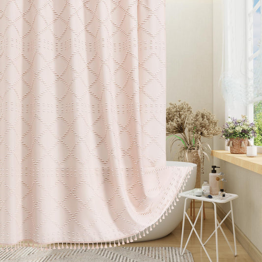 Craidlela Boho Light Pink Woven Fabric Shower Curtain with Tassel 72 x 72 Modern Farmhouse Minimalist, Pink Bohemia Tufted Chevron Striped Chic Textured, Waterproof Cloth Curtain for Bathroom