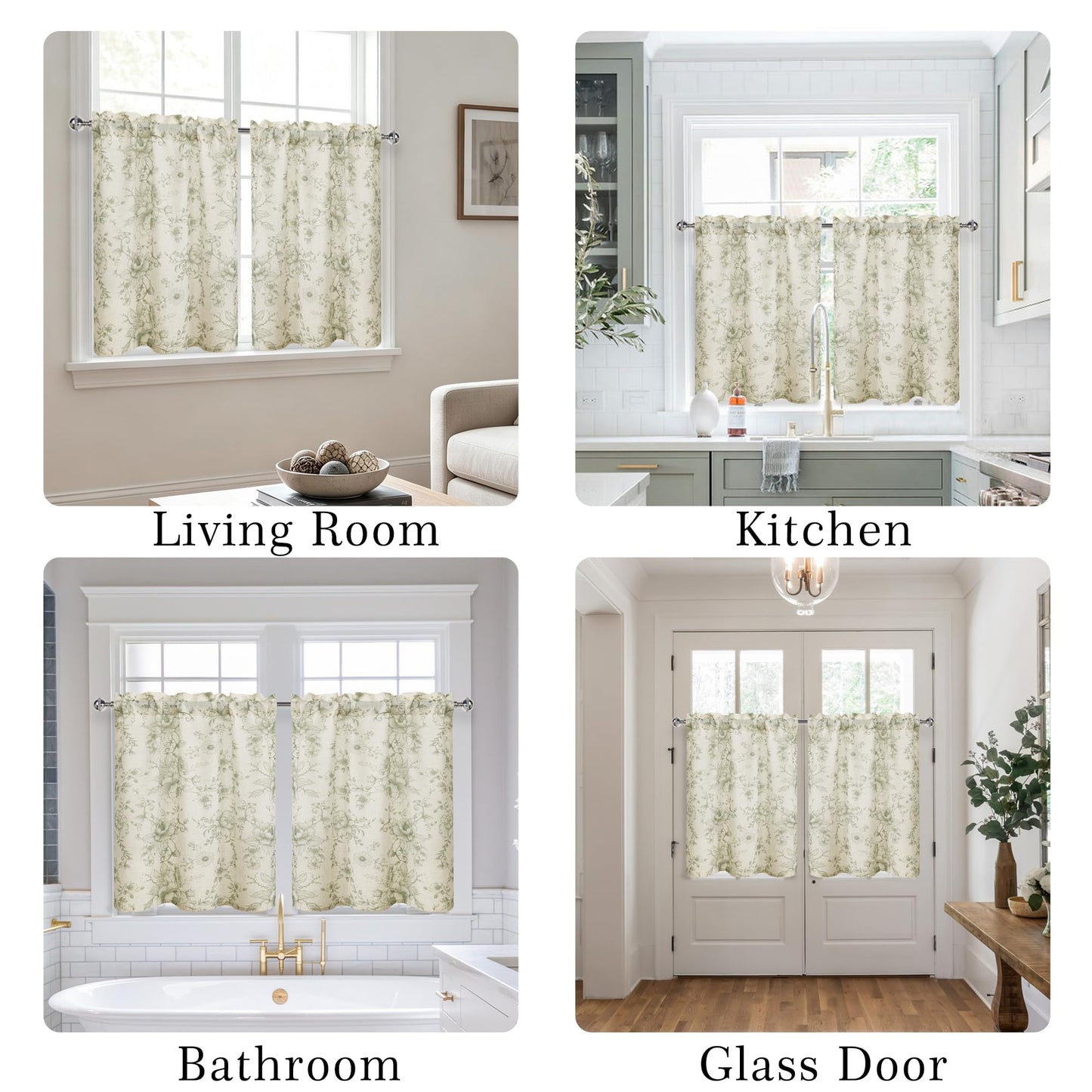JIUZHEN Farmhouse Floral Linen Kitchen Curtains 24 Inch Length, Rod Pocket Rustic Light Filtering Tier Curtains for Livingroom/Bathroom, Green Peony Fragmented Flowers, 2 Panels