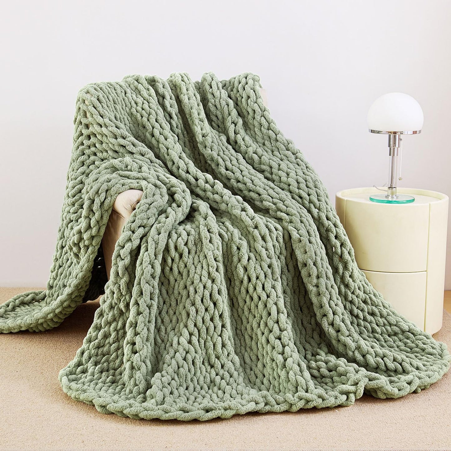 Admitrack Chunky Knit Blanket Throw, 100% Hand Knit Chenille Throw Blanket for Sofa & Home Decor, Soft and Cozy Knitted Throw Blankets (Sage Green，40"x50")