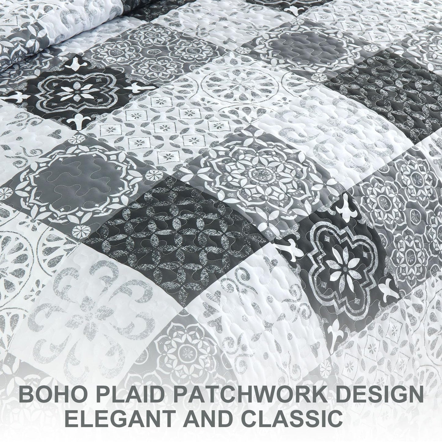 Dobuyly Grey Black Quilt Set Queen Size, Boho Plaid Patchwork Bedspreads Coverlet Set, 3 Pieces Soft Lightweight Microfiber Farmhouse Quilt Bedding Set for All Seasons 96"x90"