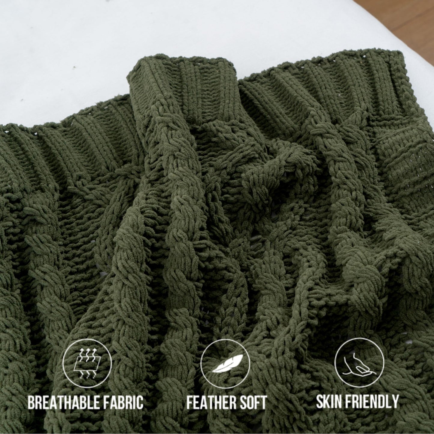 Battilo Olive Green Throw Blanket for Couch, Chunky Cable Knit Blanket, Woven Soft Cozy Chenille Throw Blanket for Bed, Sofa, Chair, Living Room, 51"x67"